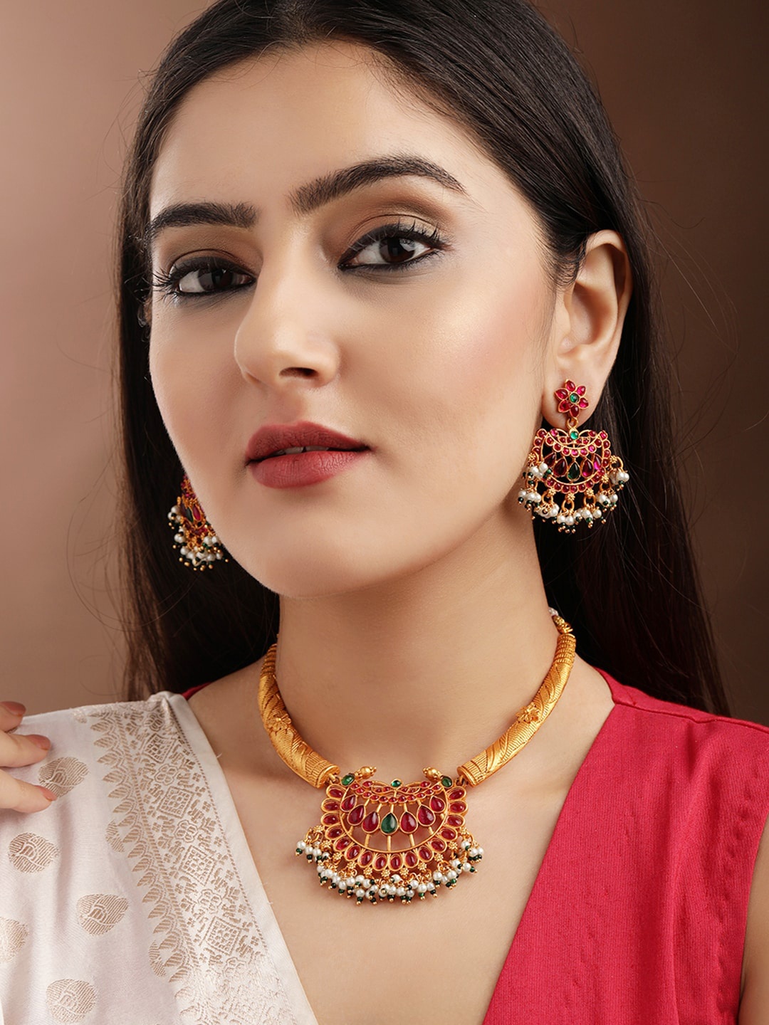 

Rubans Women 24K Gold-Plated Red & Green Stone Studded Handcrafted Jewellery Set