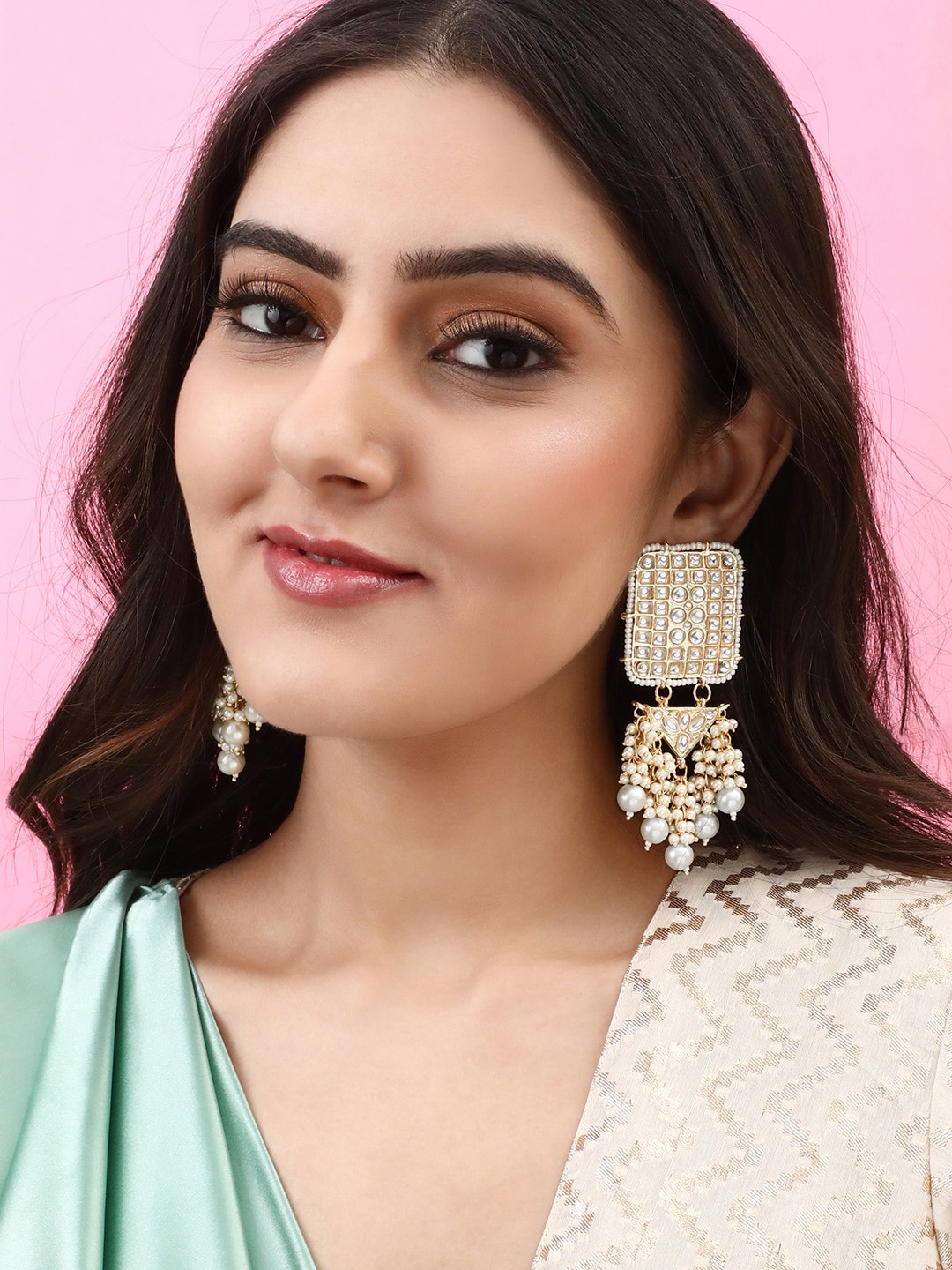 

Rubans Gold-Plated Silver-Toned & White Kundan Contemporary Drop Earrings