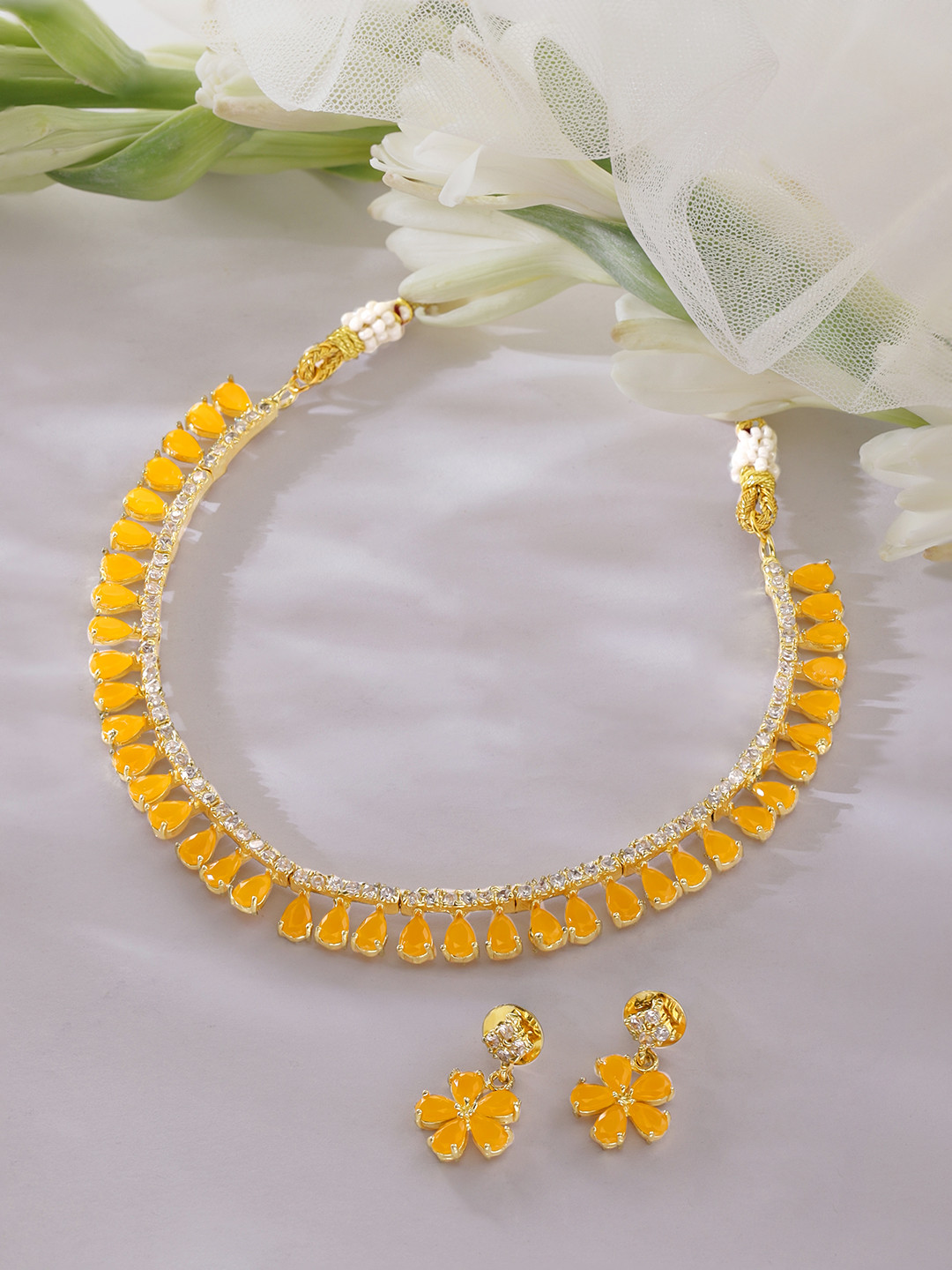 

Rubans Gold-Plated Yellow Stone Studded Handcrafted Jewellery Set