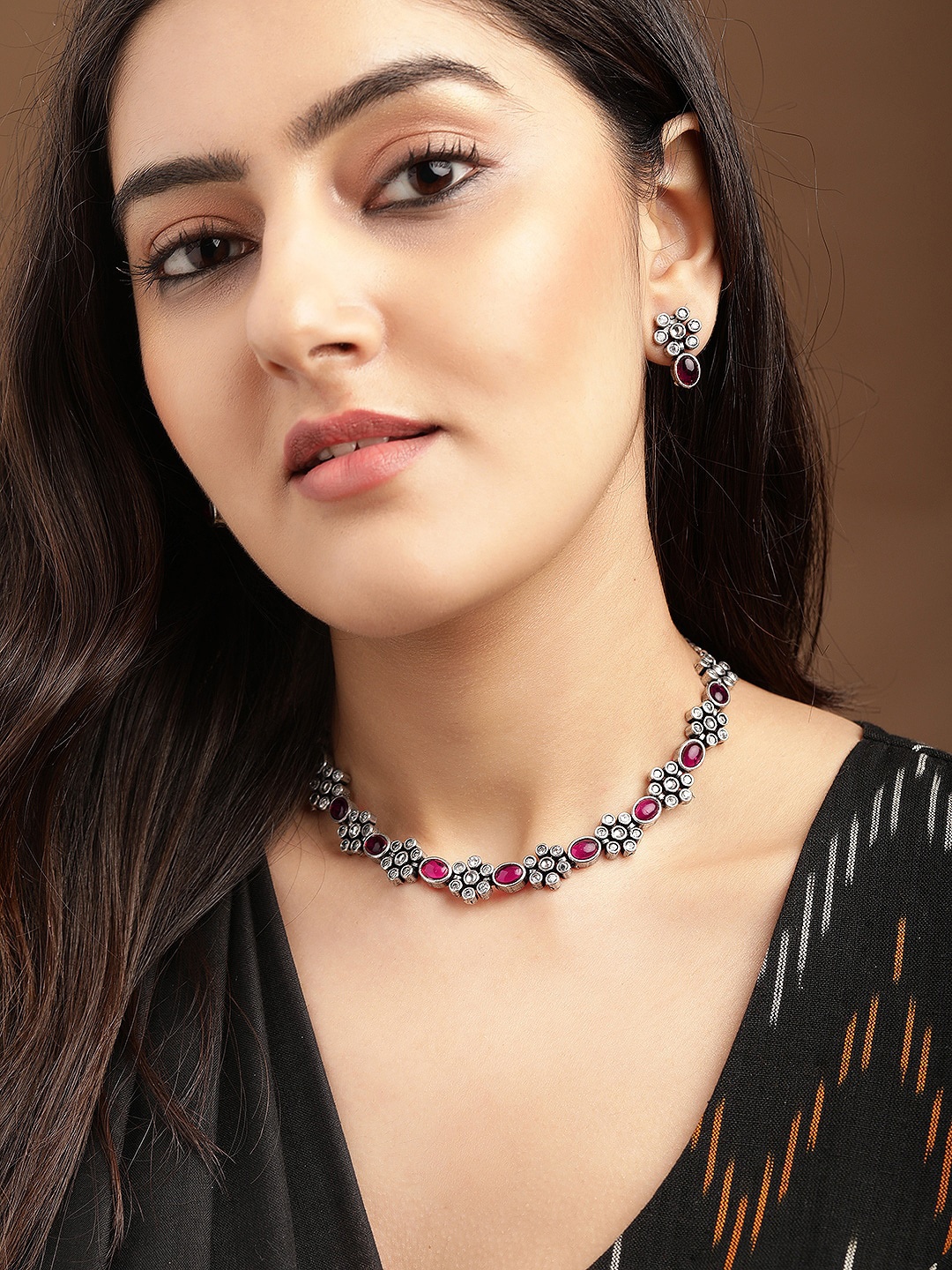 

Rubans Oxidised Silver Plated Pink Stone Studded Handcrafted Jewellery Set