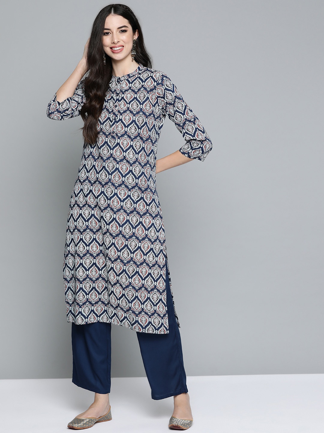 

HERE&NOW Women Navy Blue & Brown Ethnic Motifs Print Regular Kurta with Palazzos