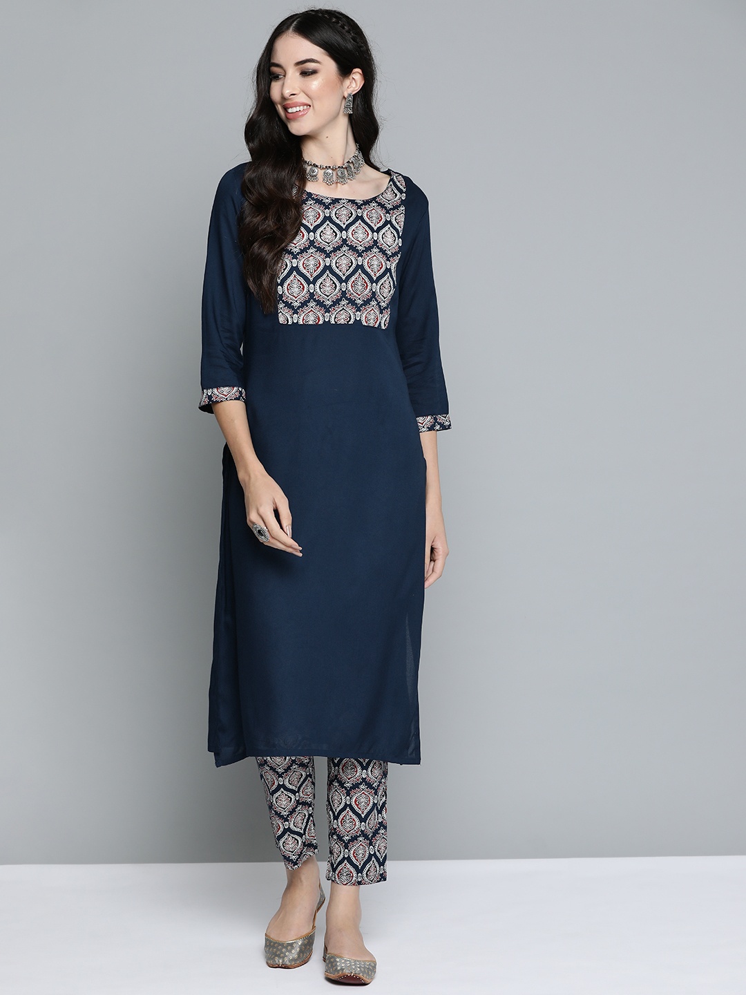 

HERE&NOW Women Navy Blue Ethnic Motifs Yoke Design Regular Kurta with Trousers