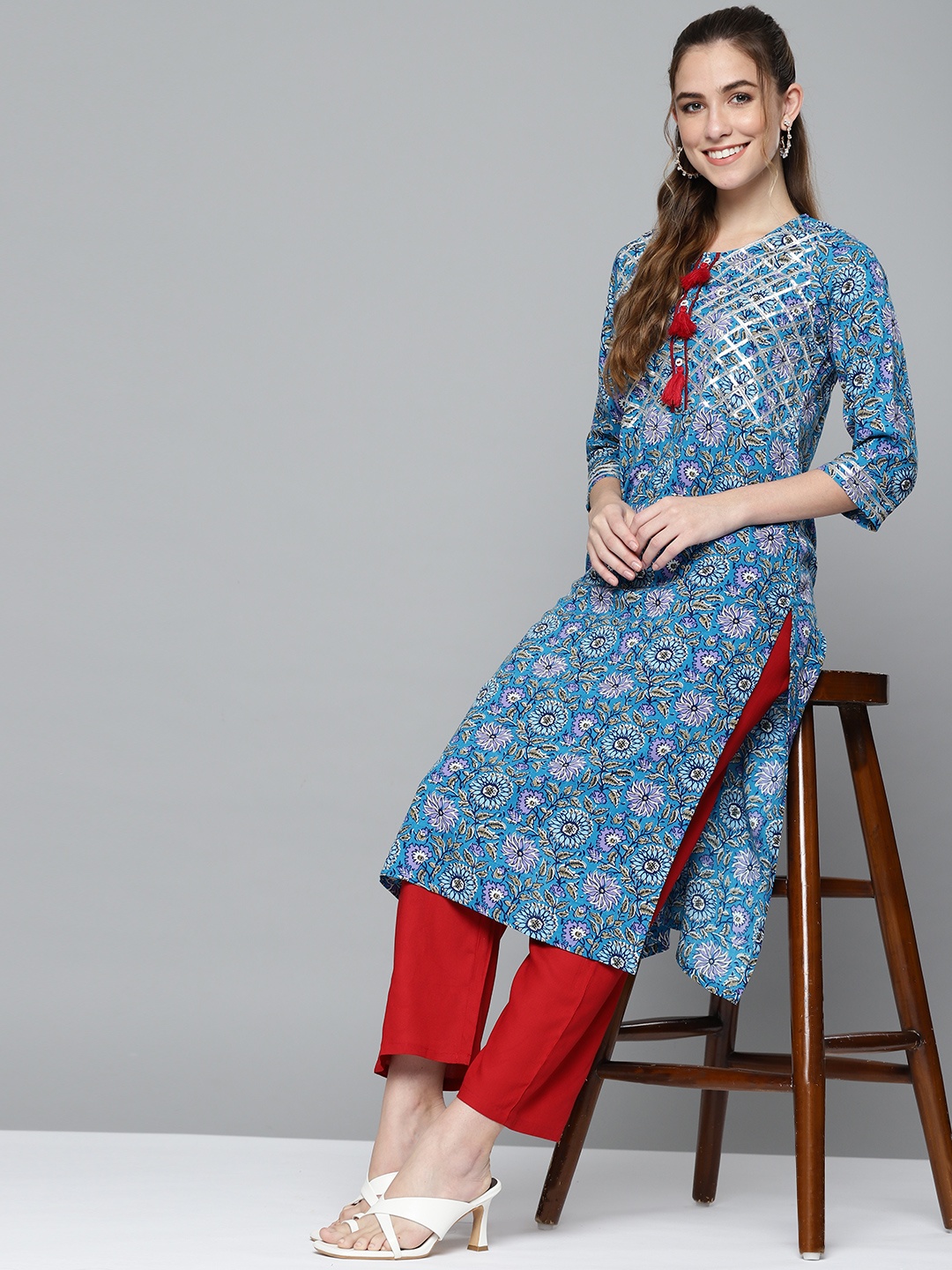 

HERE&NOW Women Blue Ethnic Motifs Printed Regular Kurta with Trousers