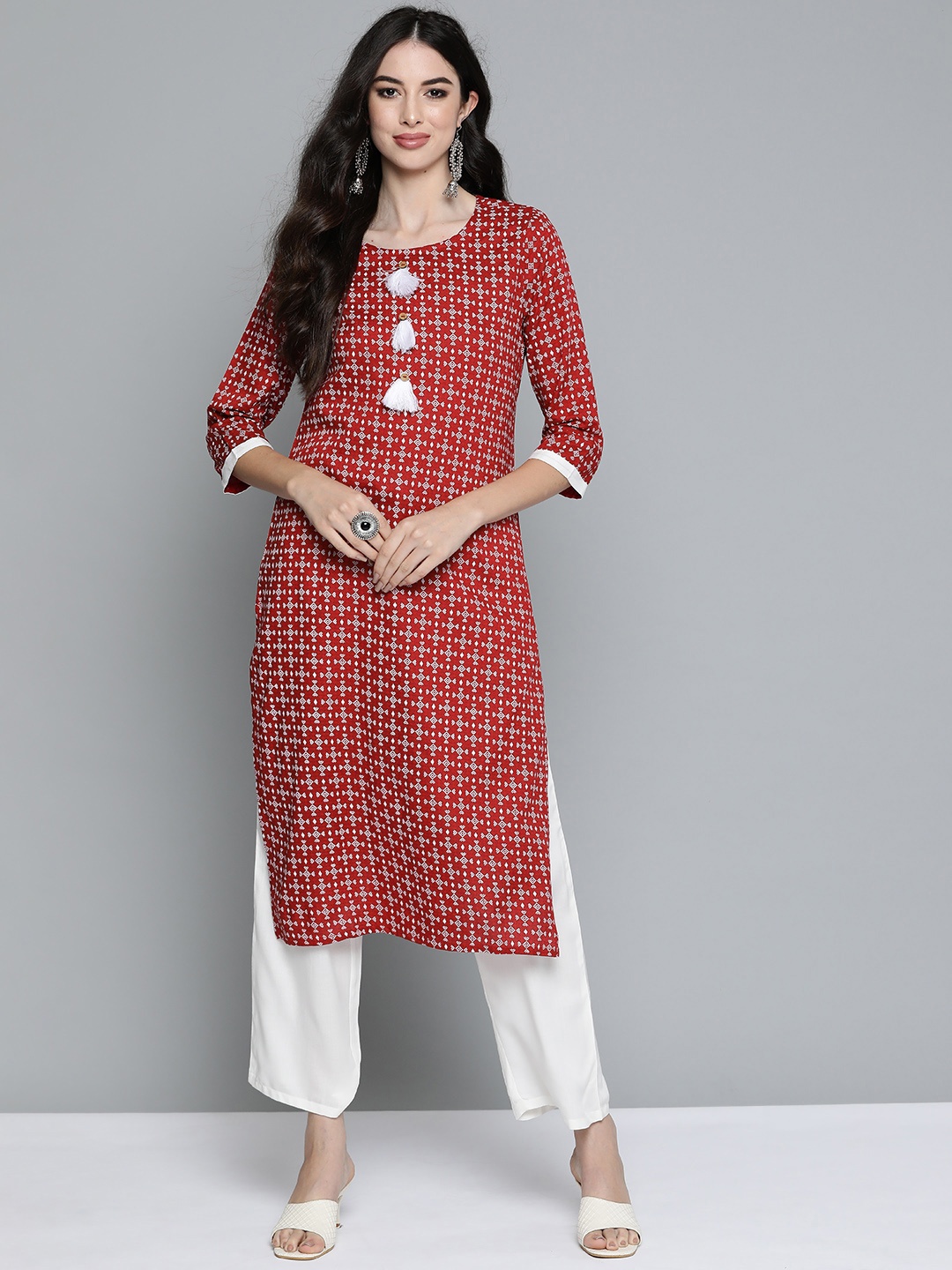 

HERE&NOW Women Red Ethnic Motifs Printed Regular Kurta with Palazzos