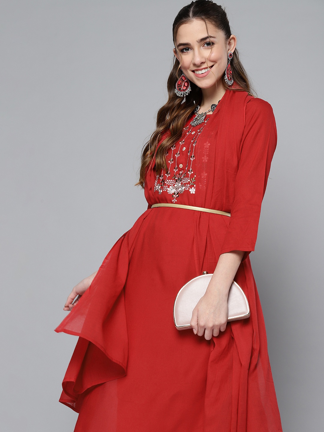 

HERE&NOW Women Red Ethnic Motifs Yoke Design Kurta with Trousers & Dupatta