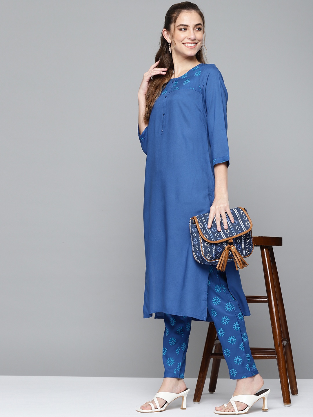 

HERE&NOW Women Blue Ethnic Motif Yoke Design Regular Kurta with Trousers