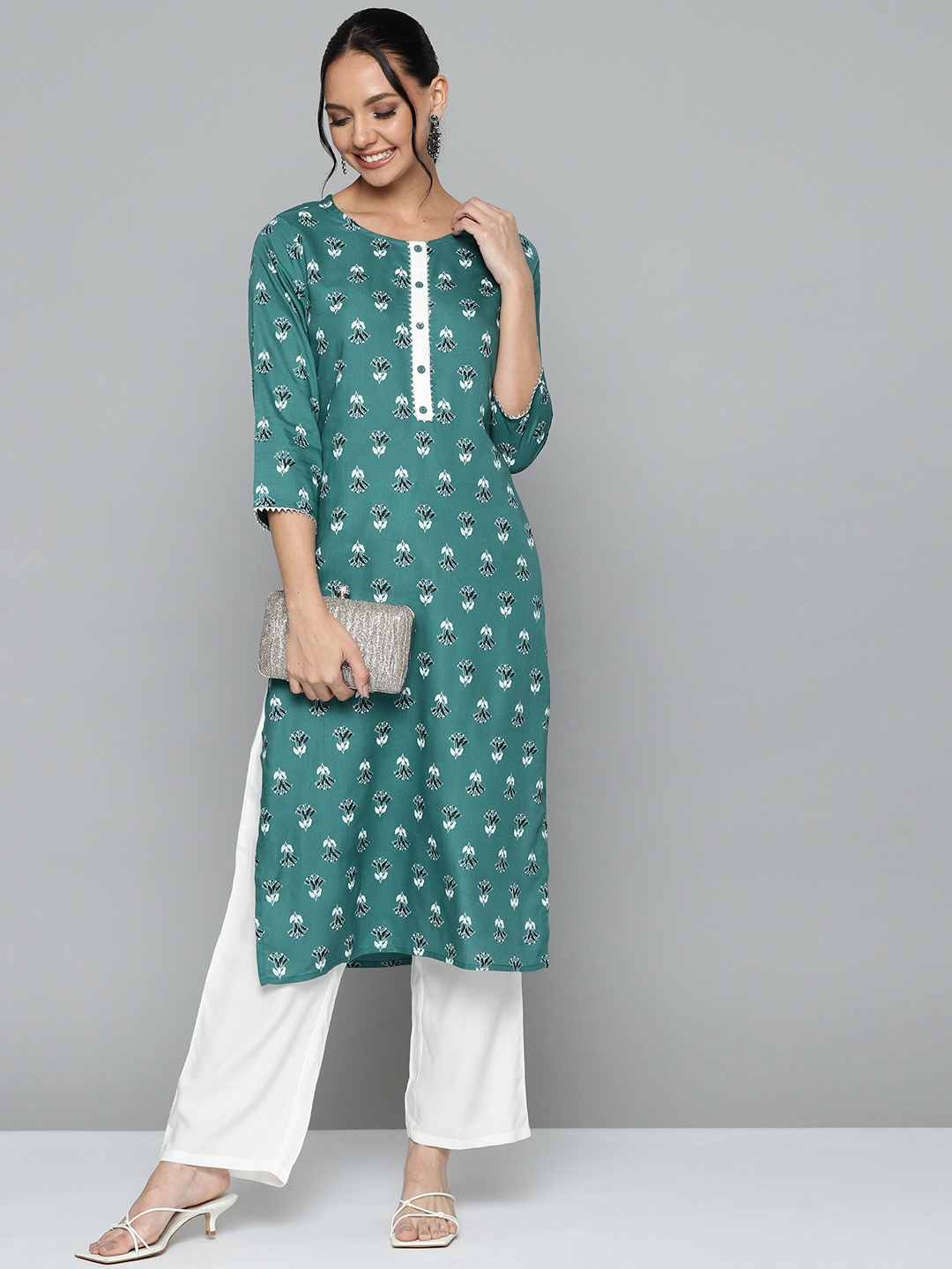 

HERE&NOW Women Green Ethnic Motifs Printed Regular Gotta Patti Kurta with Palazzos