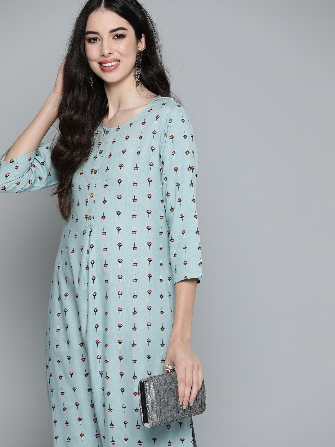 

HERE&NOW Women Blue & Green Floral Print Regular Kurta with Trousers