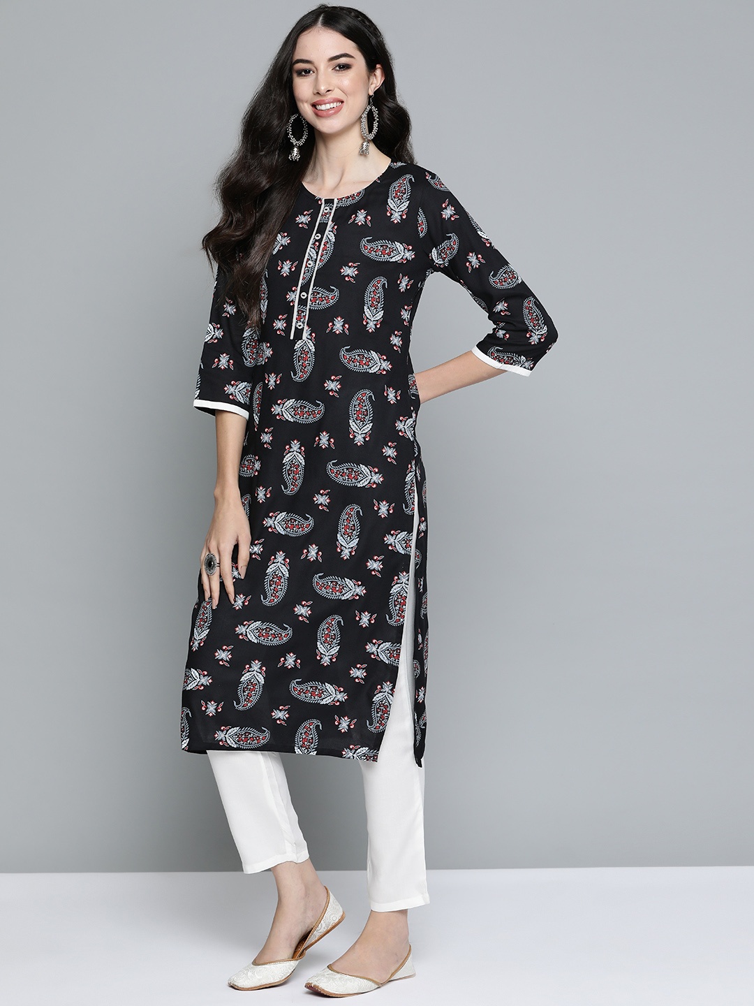 

HERE&NOW Women Black & White Ethnic Motifs Print Regular Kurta with Trousers