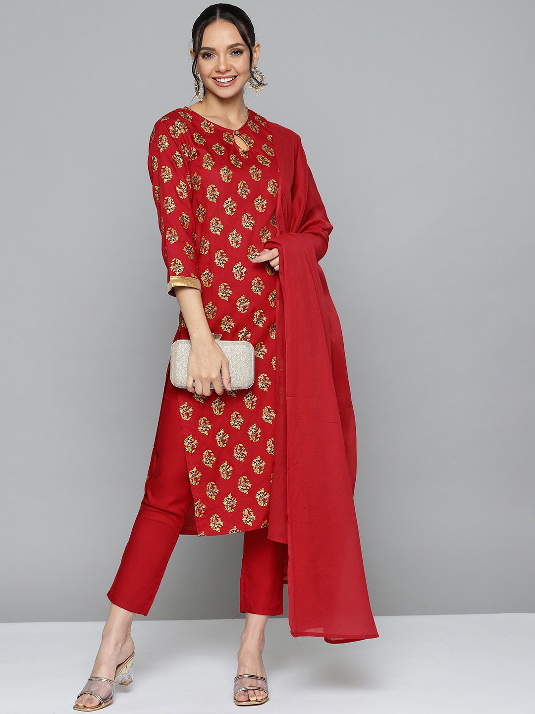 

HERE&NOW Women Red & Golden Printed Regular Kurta with Trousers & Dupatta