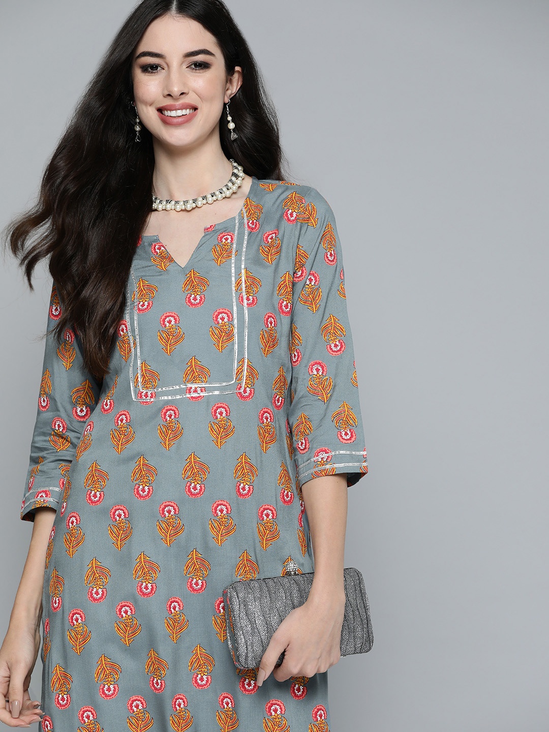 

HERE&NOW Women Grey & Mustard Yellow Ethnic Motifs Print Regular Kurta with Trousers