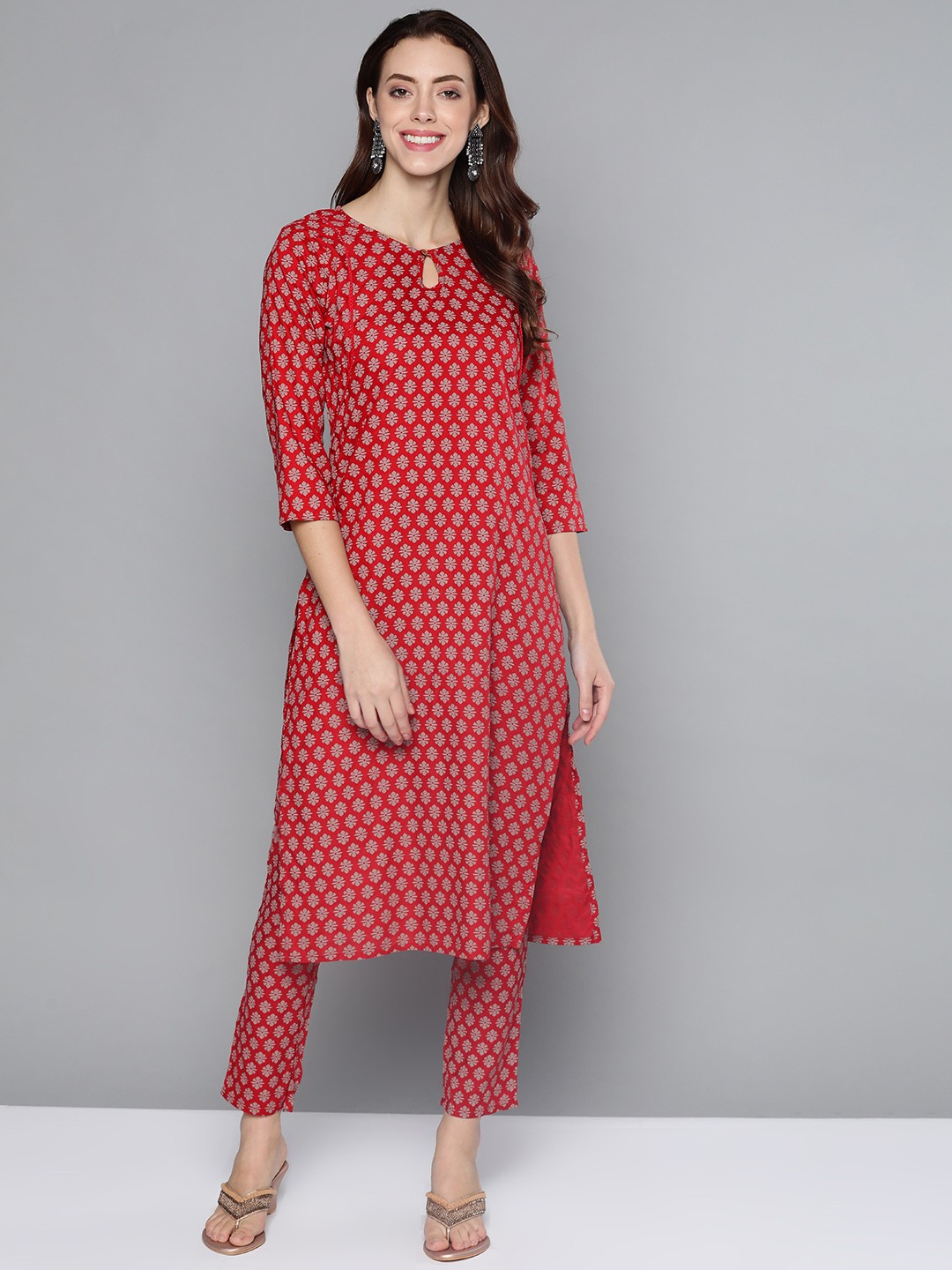 

HERE&NOW Women Red Ethnic Motifs Printed Regular Kurta with Trousers