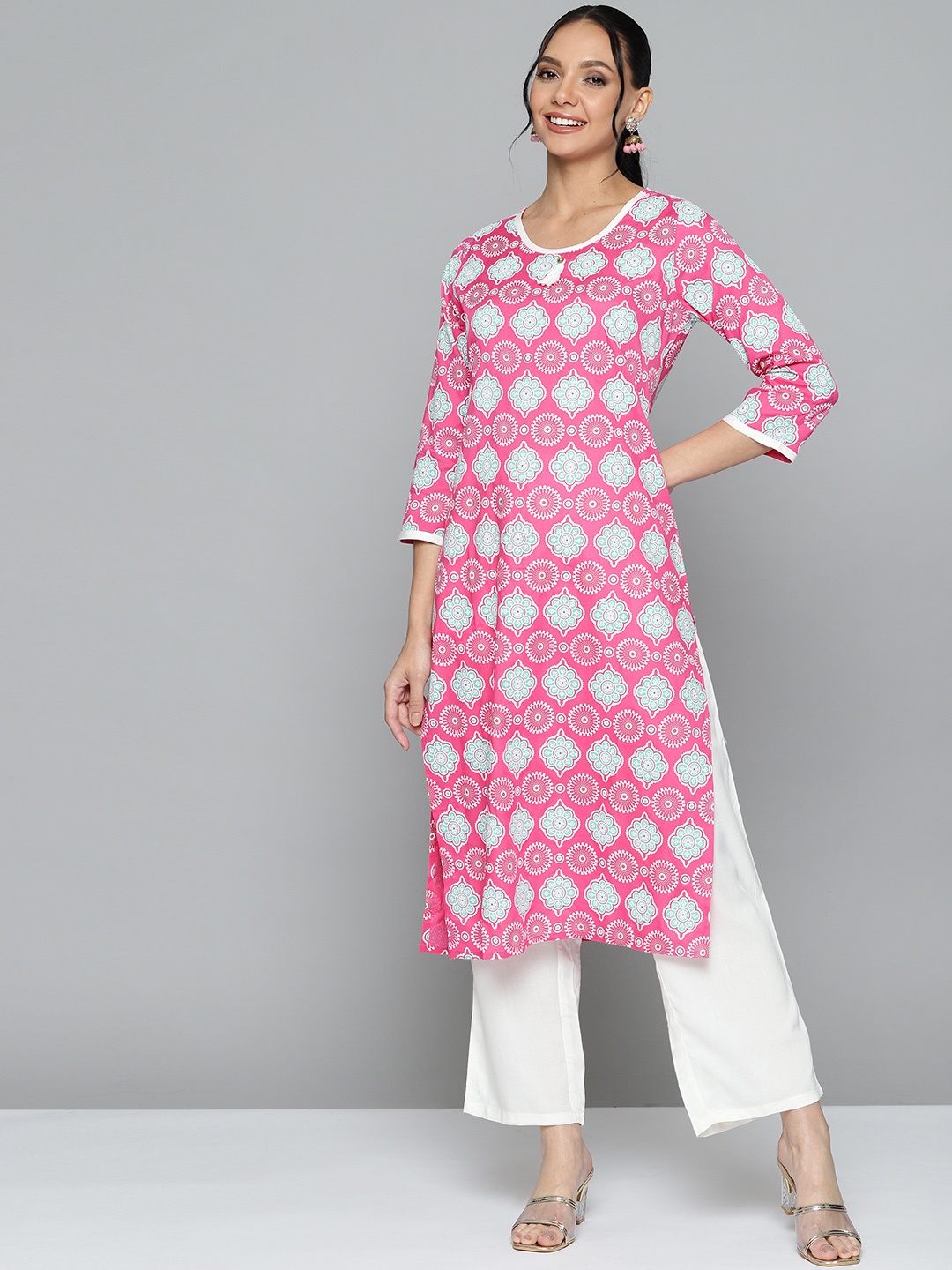 

HERE&NOW Women Pink Ethnic Motifs Printed Regular Kurta with Palazzos