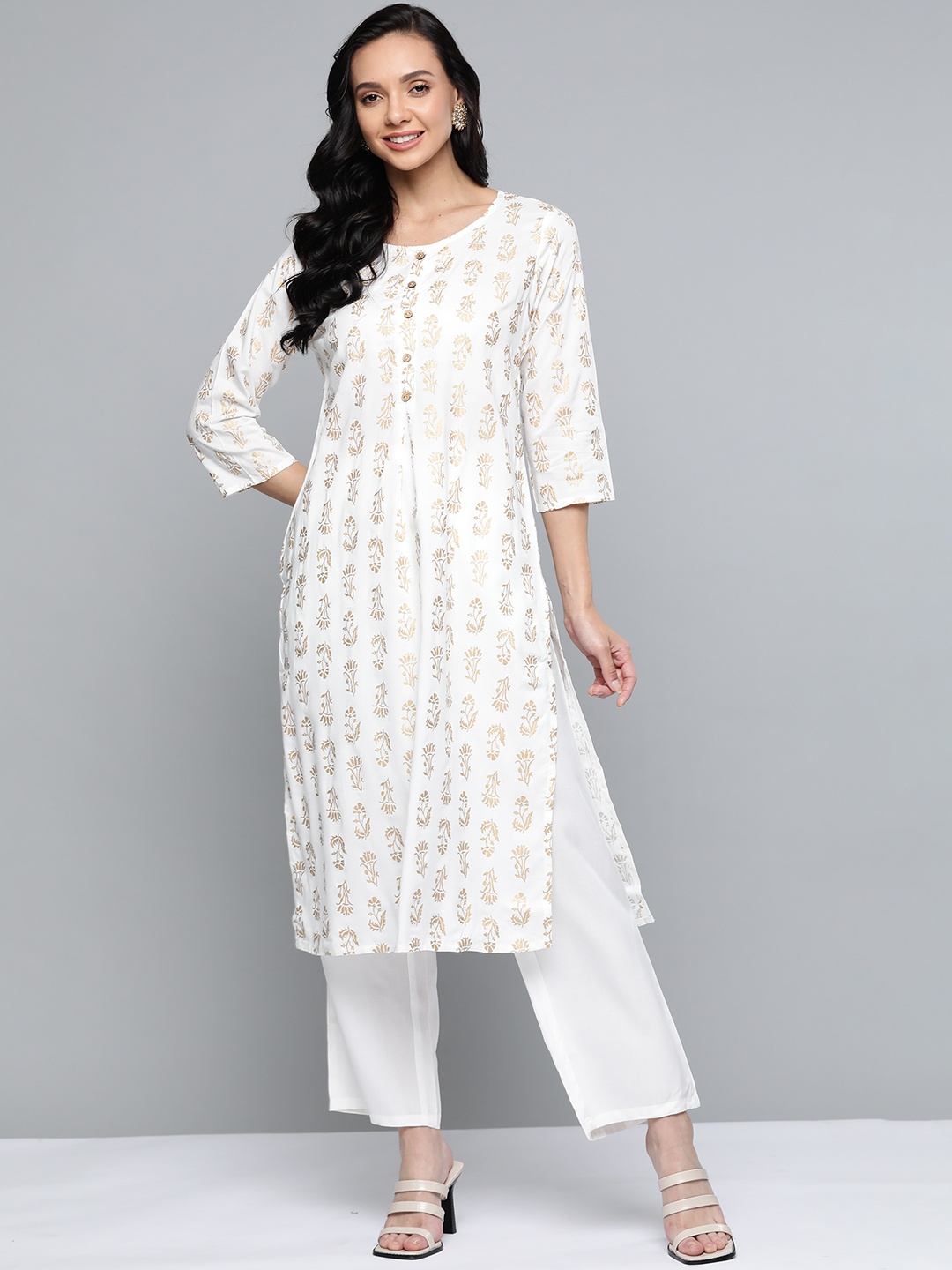 

HERE&NOW Women White Ethnic Motifs Printed Regular Kurta with Palazzos