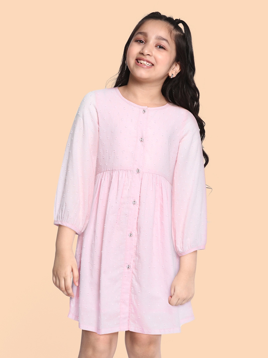 

HERE&NOW Girls Pink Solid Pure Cotton Fit & Flare Dress