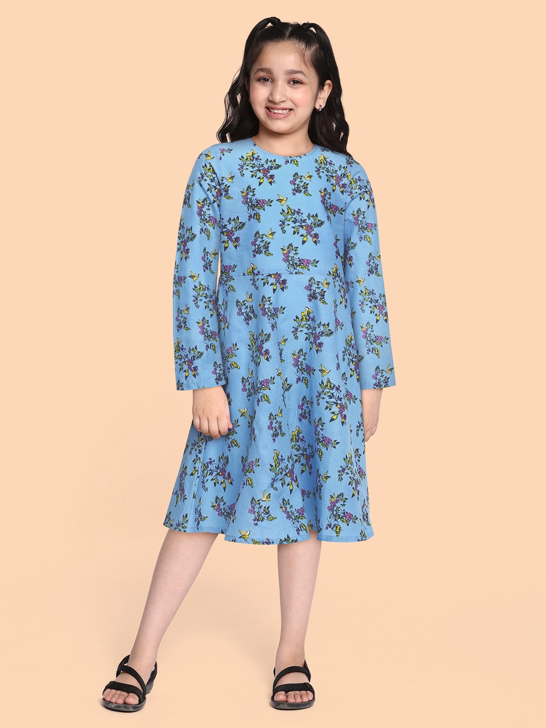 

HERE&NOW Girls Blue Floral Print Pure Cotton Fit & Flare Dress