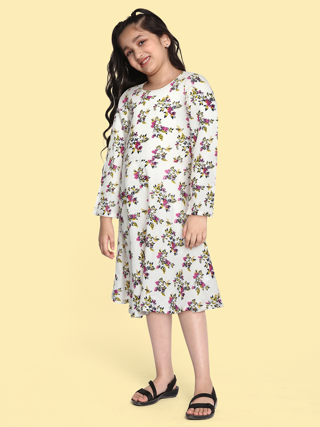 

HERE&NOW Girls White Floral Print Pure Cotton Fit & Flare Dress