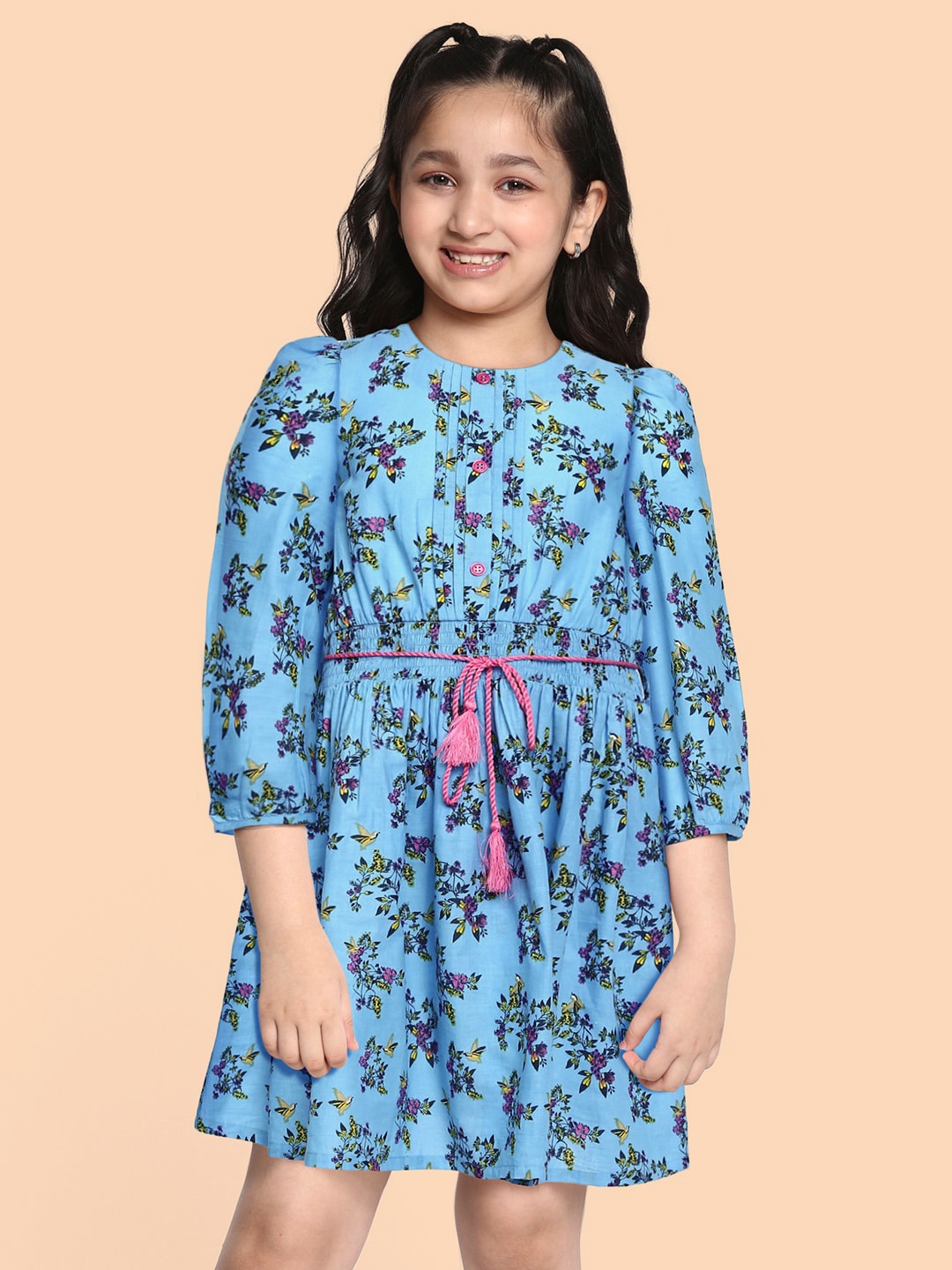 

HERE&NOW Girls Blue Floral Print Pure Cotton Fit & Flare Dress