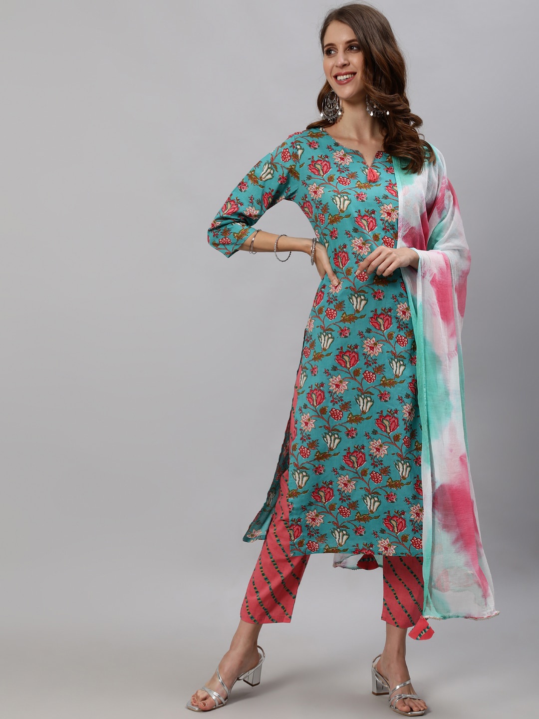 

Anubhutee Women Green & Peach-Coloured Floral Printed Kurta With Trousers & Dupatta