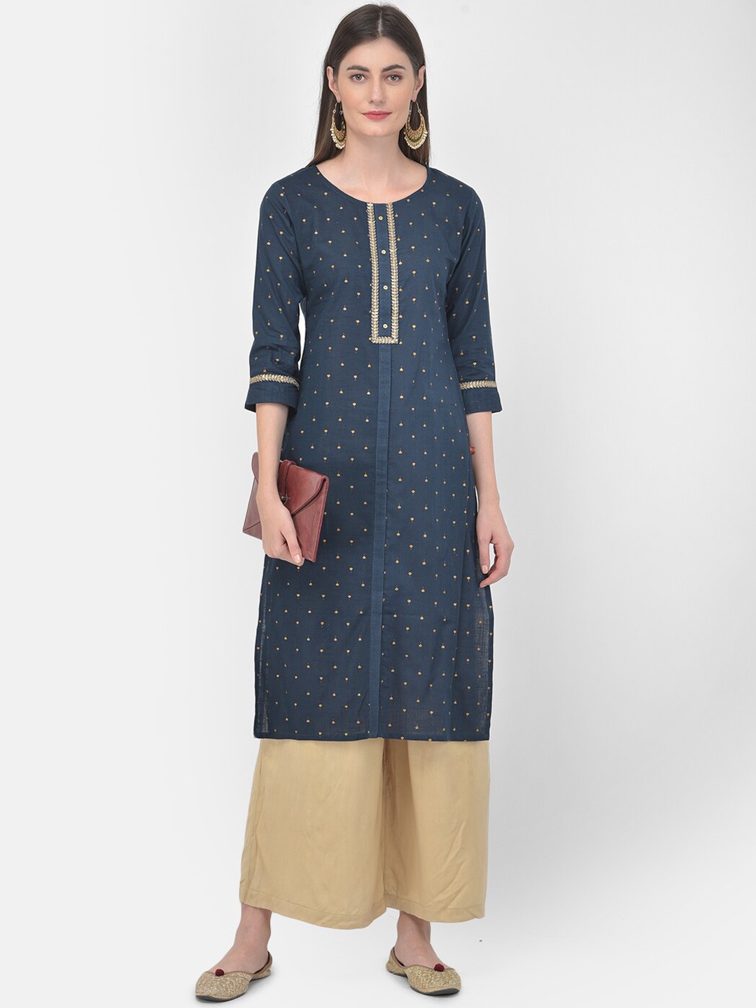 

Span Women Blue & Gold-Toned Printed Kurta