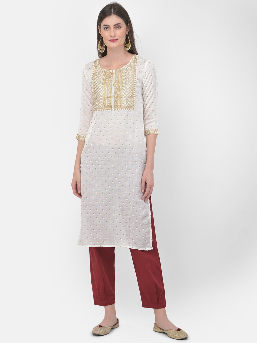 

Span Women White & Yellow Ethnic Motifs Yoke Design Kurta