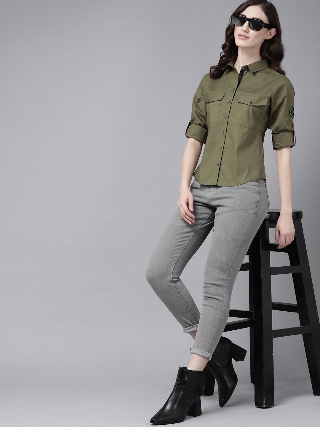 

The Roadster Lifestyle Co. Women Olive Green Solid Stretchable Casual Shirt