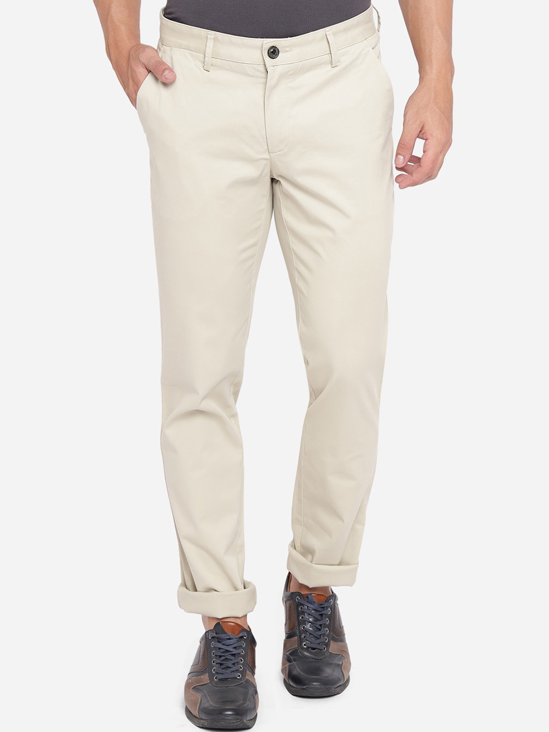 

JADE BLUE Men Beige Skinny Fit Pure Cotton Trousers