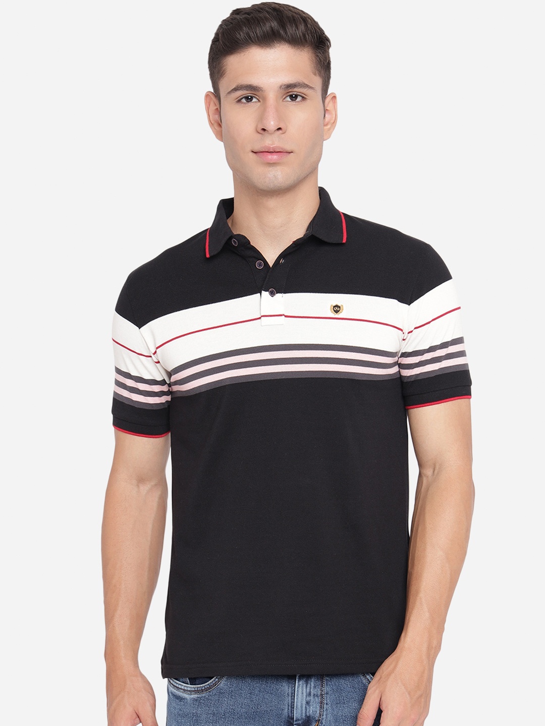 

JADE BLUE Men Black & White Striped Polo Collar Slim Fit T-shirt