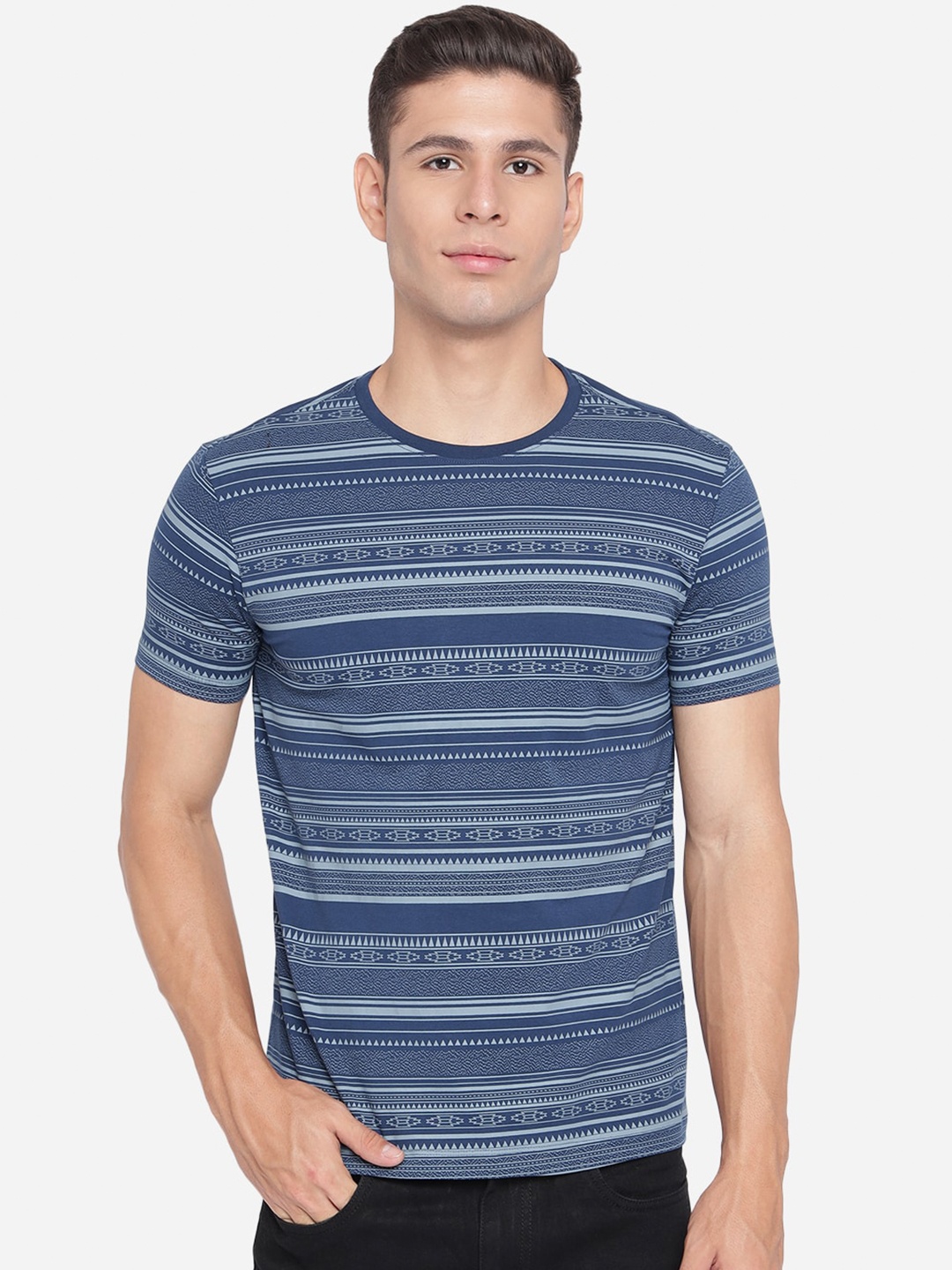 

JADE BLUE Men Navy Blue Tribal Striped Slim Fit T-shirt