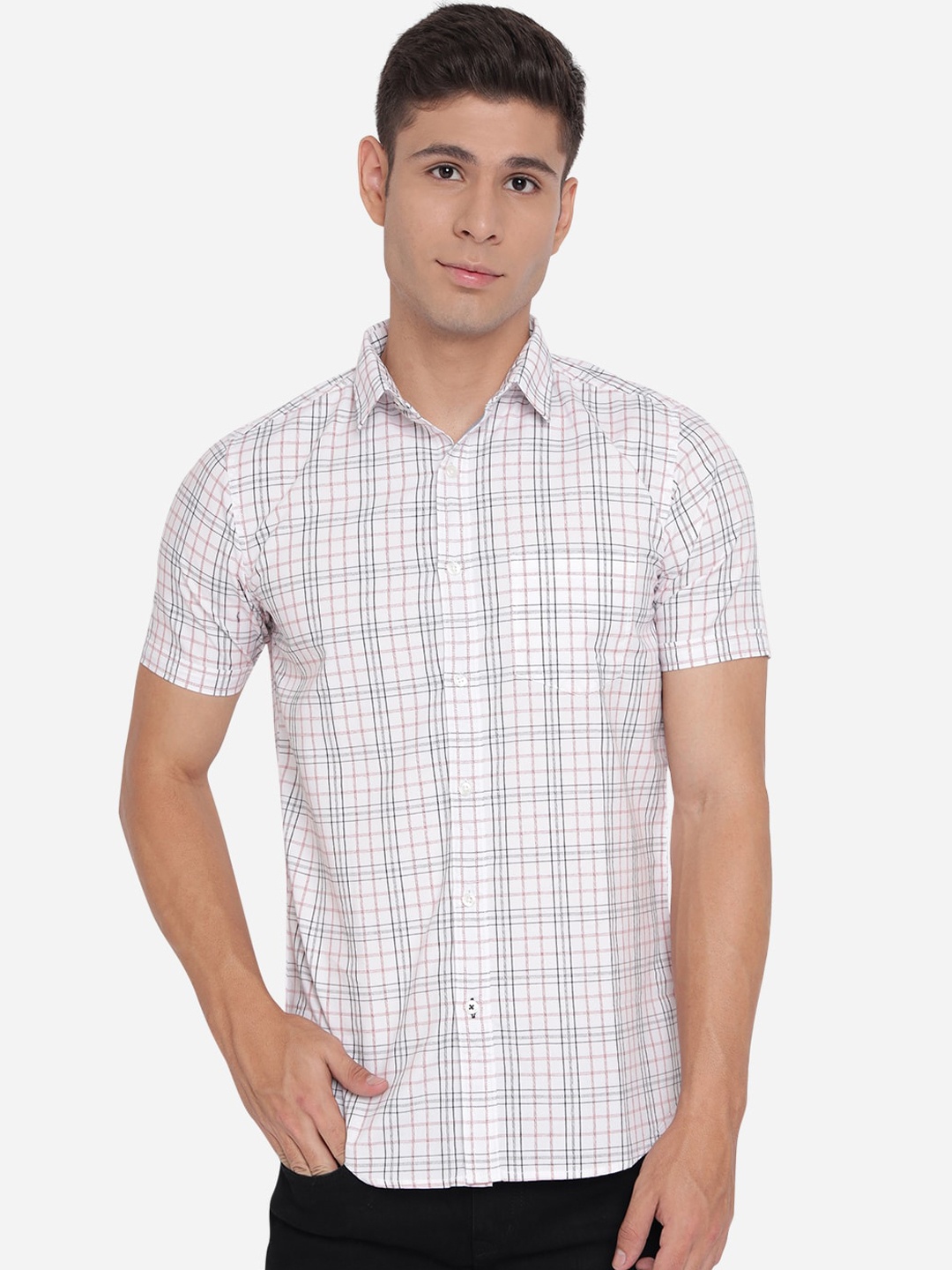 

JADE BLUE Men White Slim Fit Pure Cotton Checked Casual Shirt