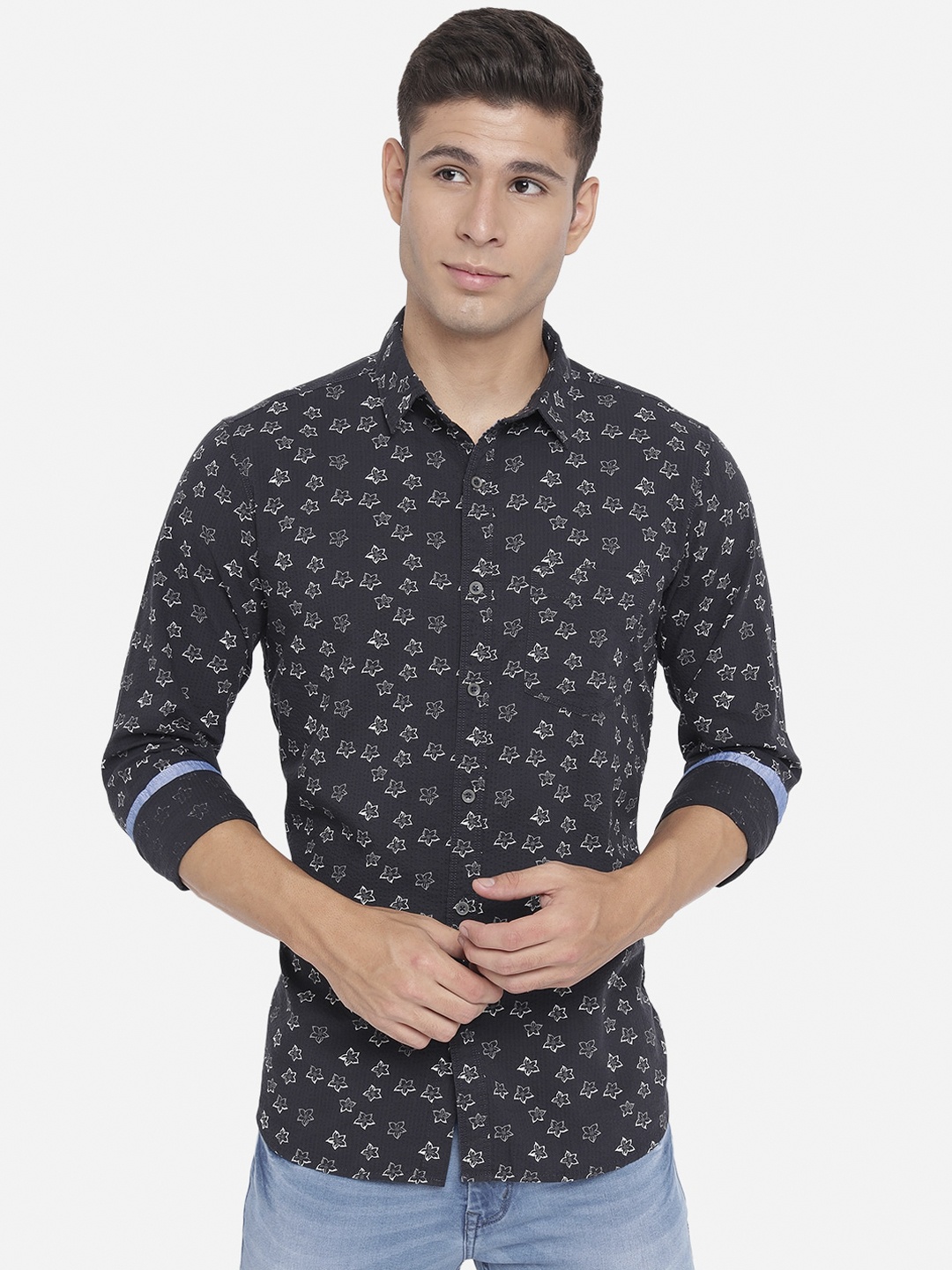 

JADE BLUE Men Slim Fit Floral Pure Cotton Printed Casual Shirt, Black