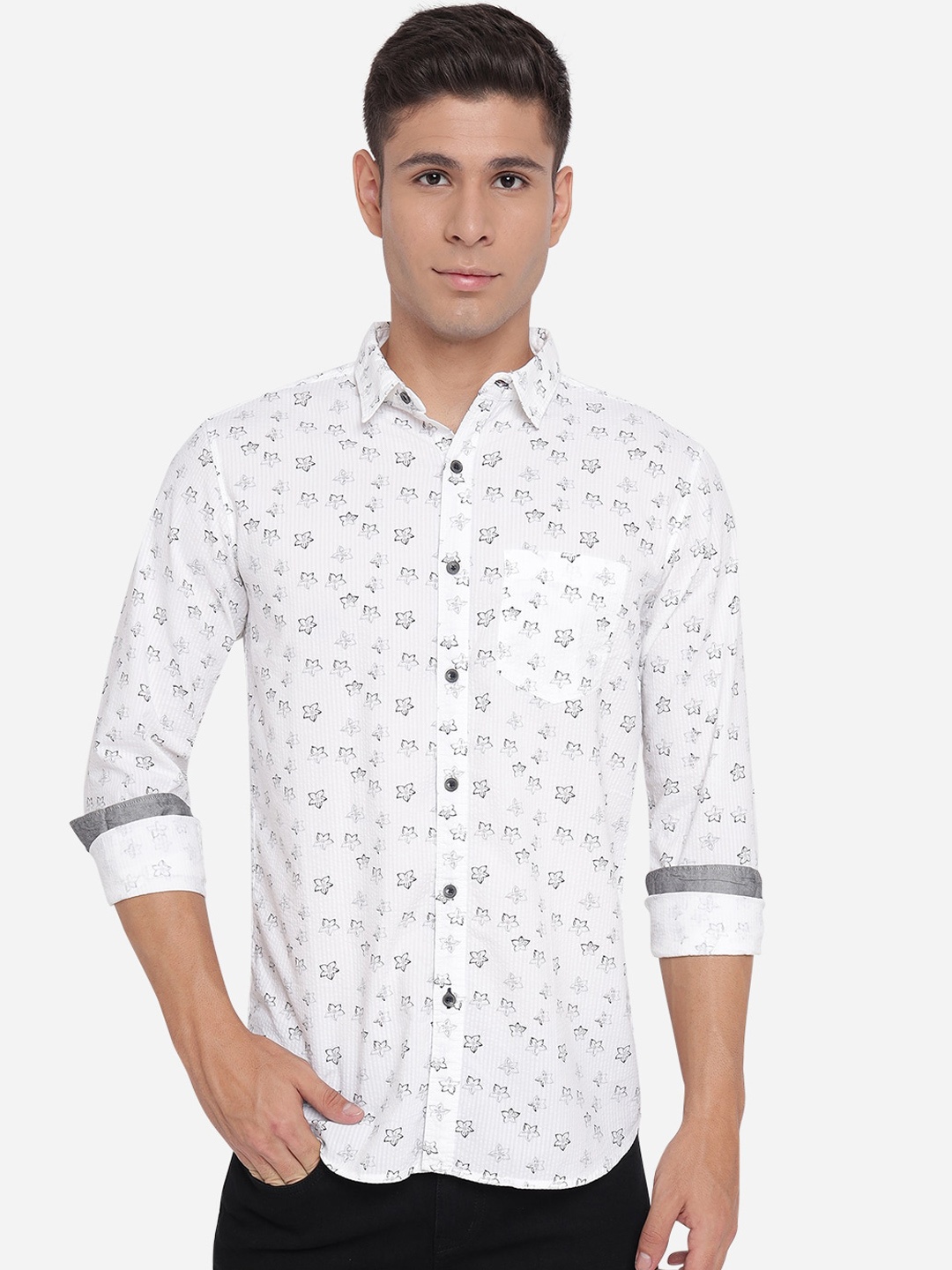 

JADE BLUE Slim Fit Pure Cotton Printed Casual Shirt, White