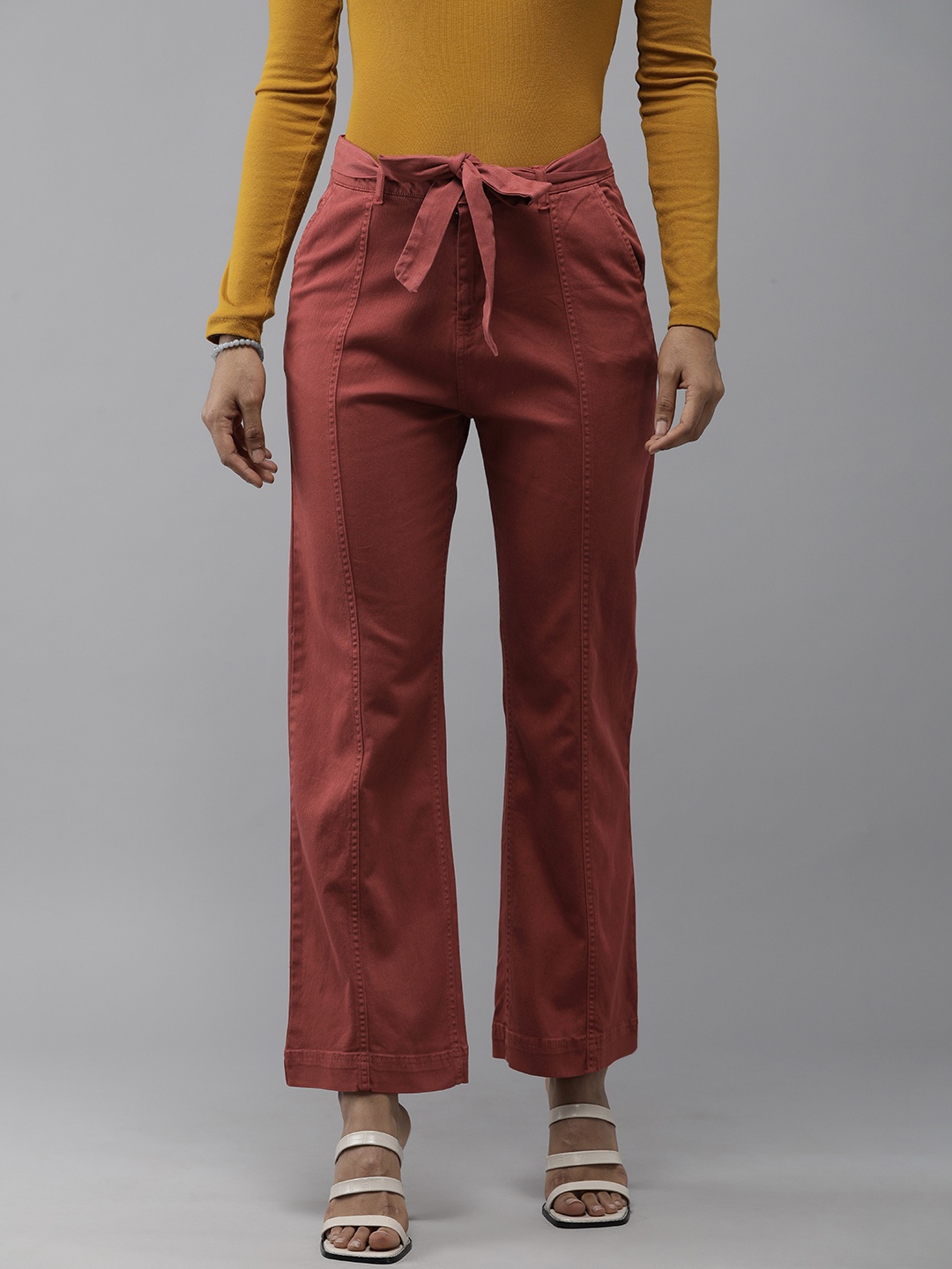 

The Roadster Lifestyle Co Women Red Straight Fit High-Rise Peg Trousers