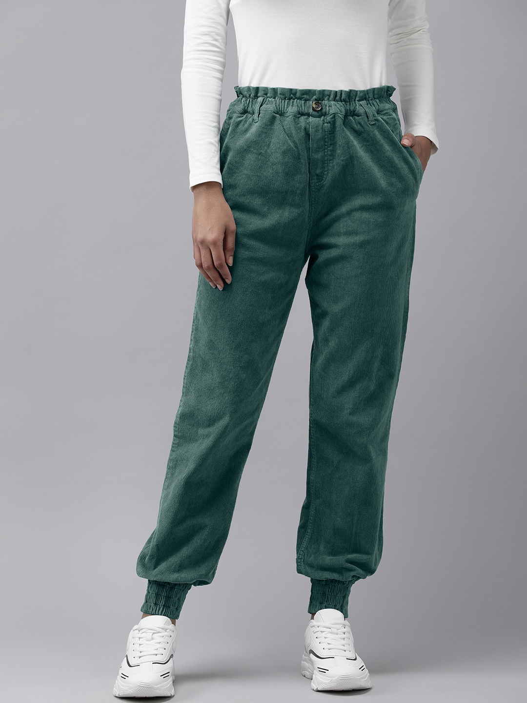 

Roadster Women Green Textured Joggers Fit Trousers