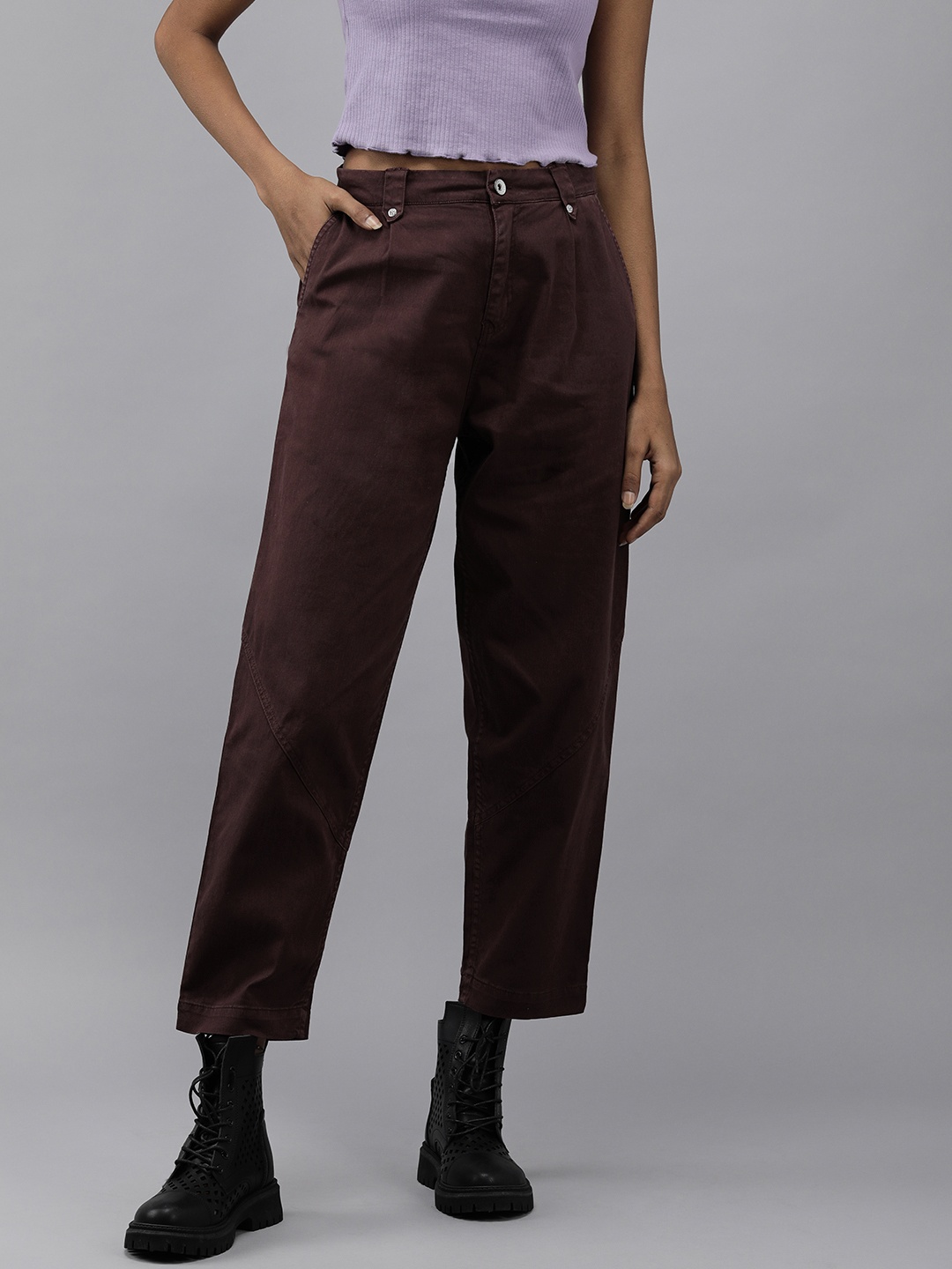 

The Roadster Lifestyle Co Women Maroon Solid Trousers