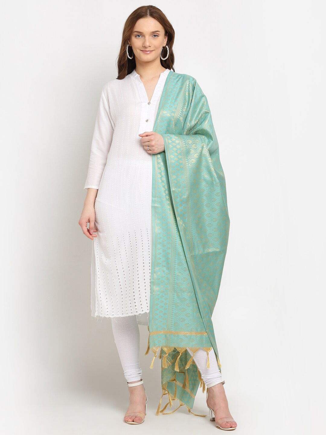 

LOOM LEGACY Turquoise Blue & Gold-Toned Ethnic Motifs Banarsi Silk Jacquard Dupatta