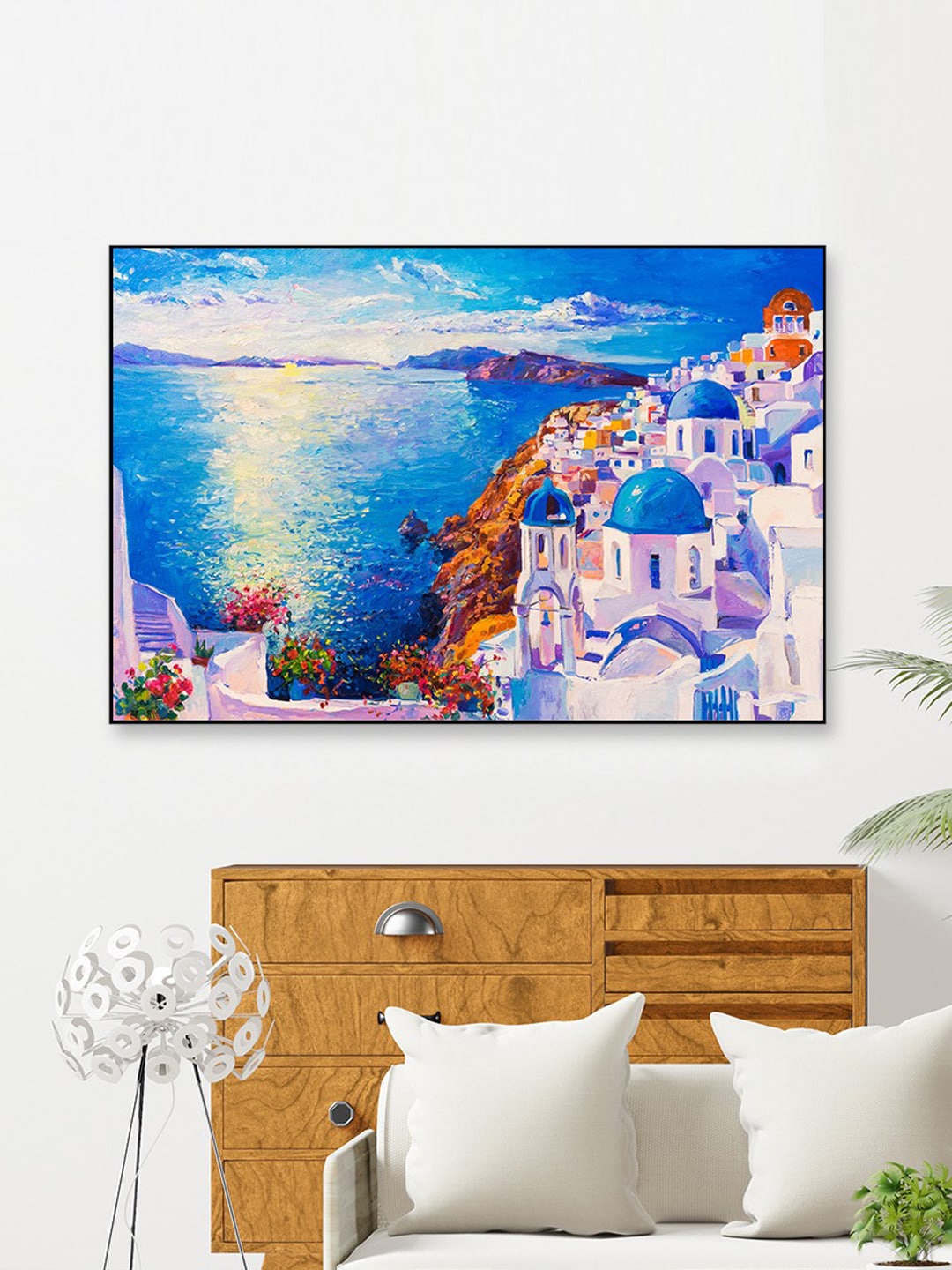 

WALLMANTRA Blue & White Painted Greece House View Framed Wall Art