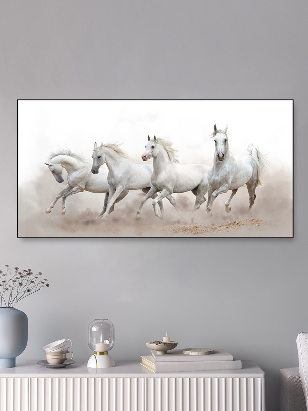 

WALLMANTRA White & Grey Painted Arabian horses Framed Wall Art