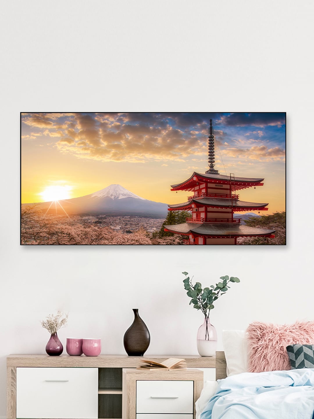 

WALLMANTRA Yellow & Orange Painted Mt. Fuji Landscape Framed Wall Art