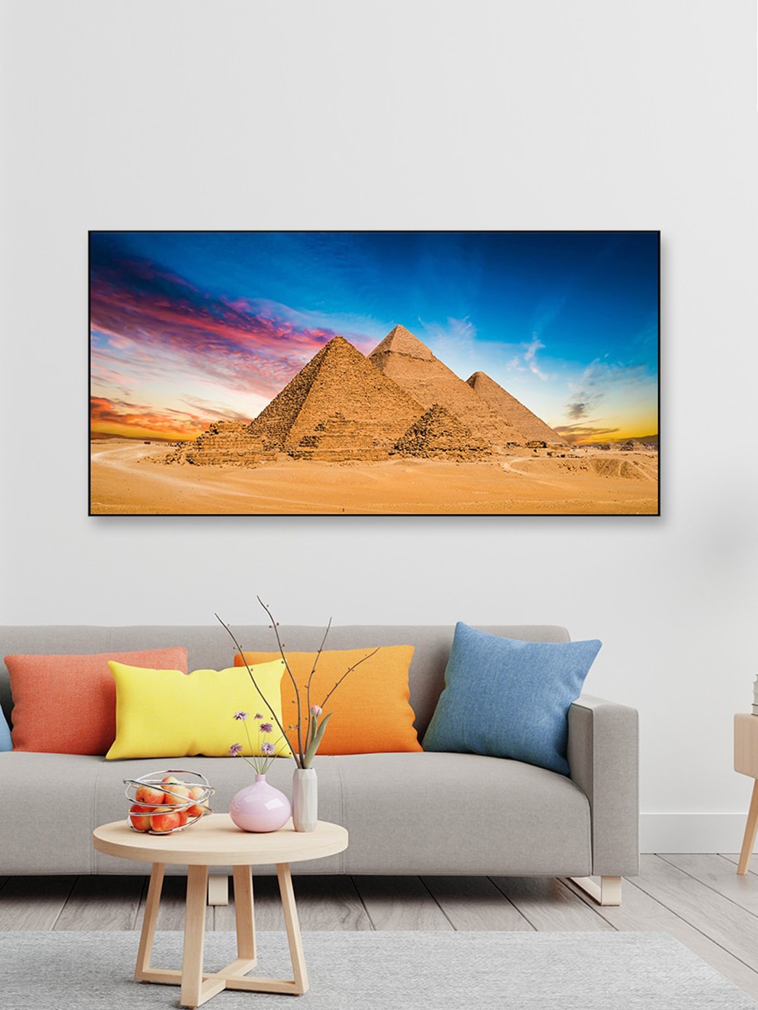 

WALLMANTRA Blue & Brown Sunset at great Pyramids of Giza Framed Painted Wall Art