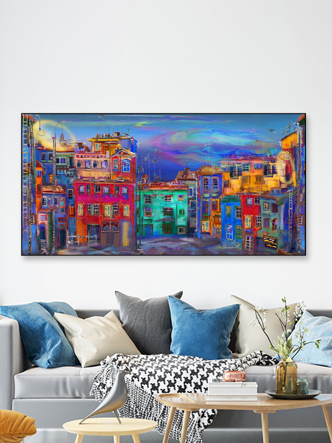 

WALLMANTRA Multicoloured Vibrant Homes in Evening Street Framed Wall Art, Multi