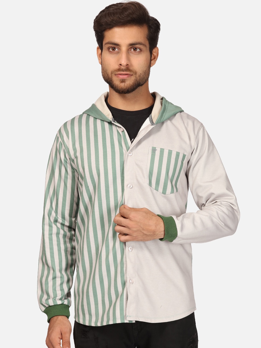 

BULLMER Men Green Striped Fleece Hooded Sweatshirt