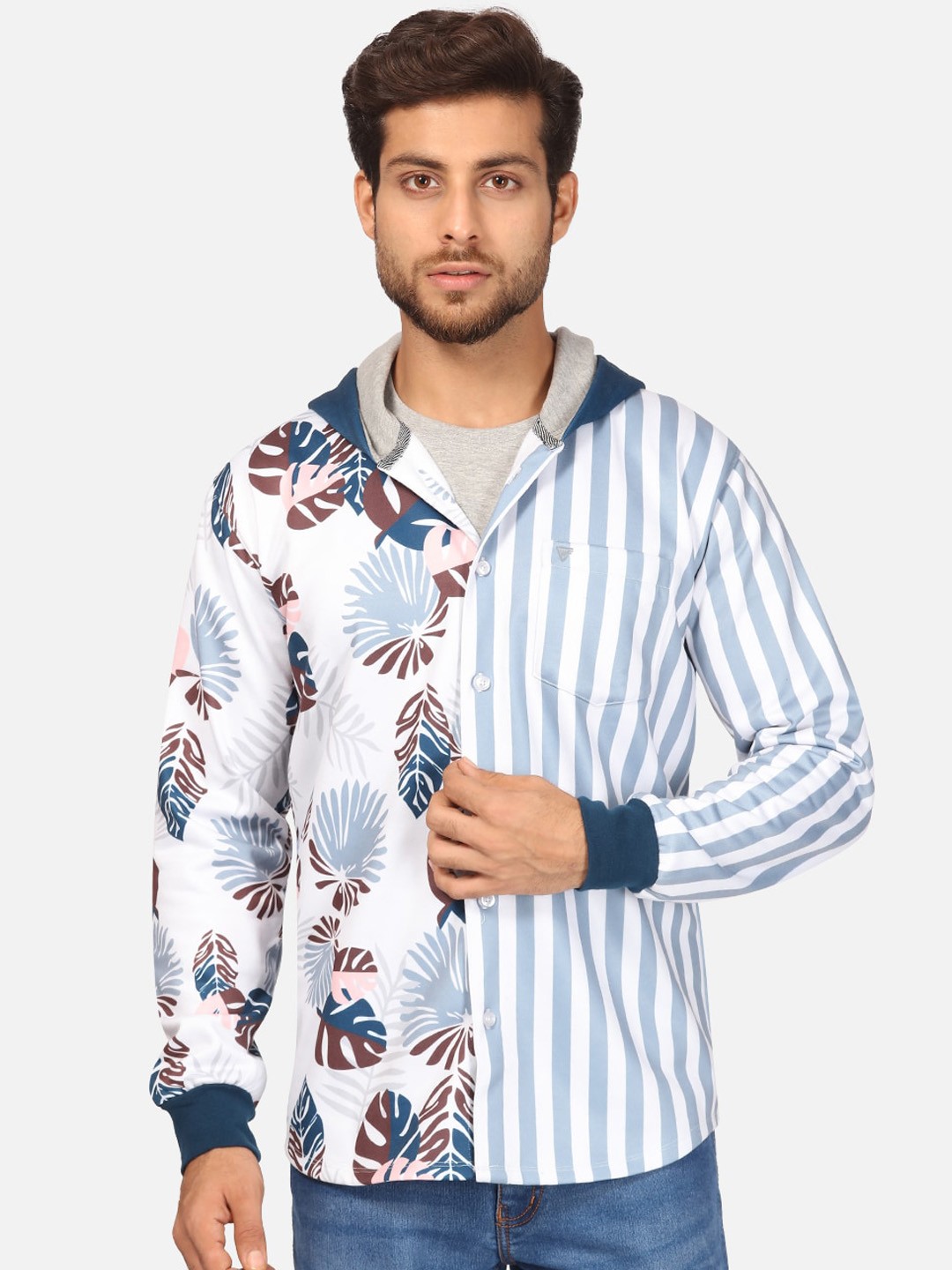 

BULLMER Men Blue Striped Fleece Hooded Sweatshirt