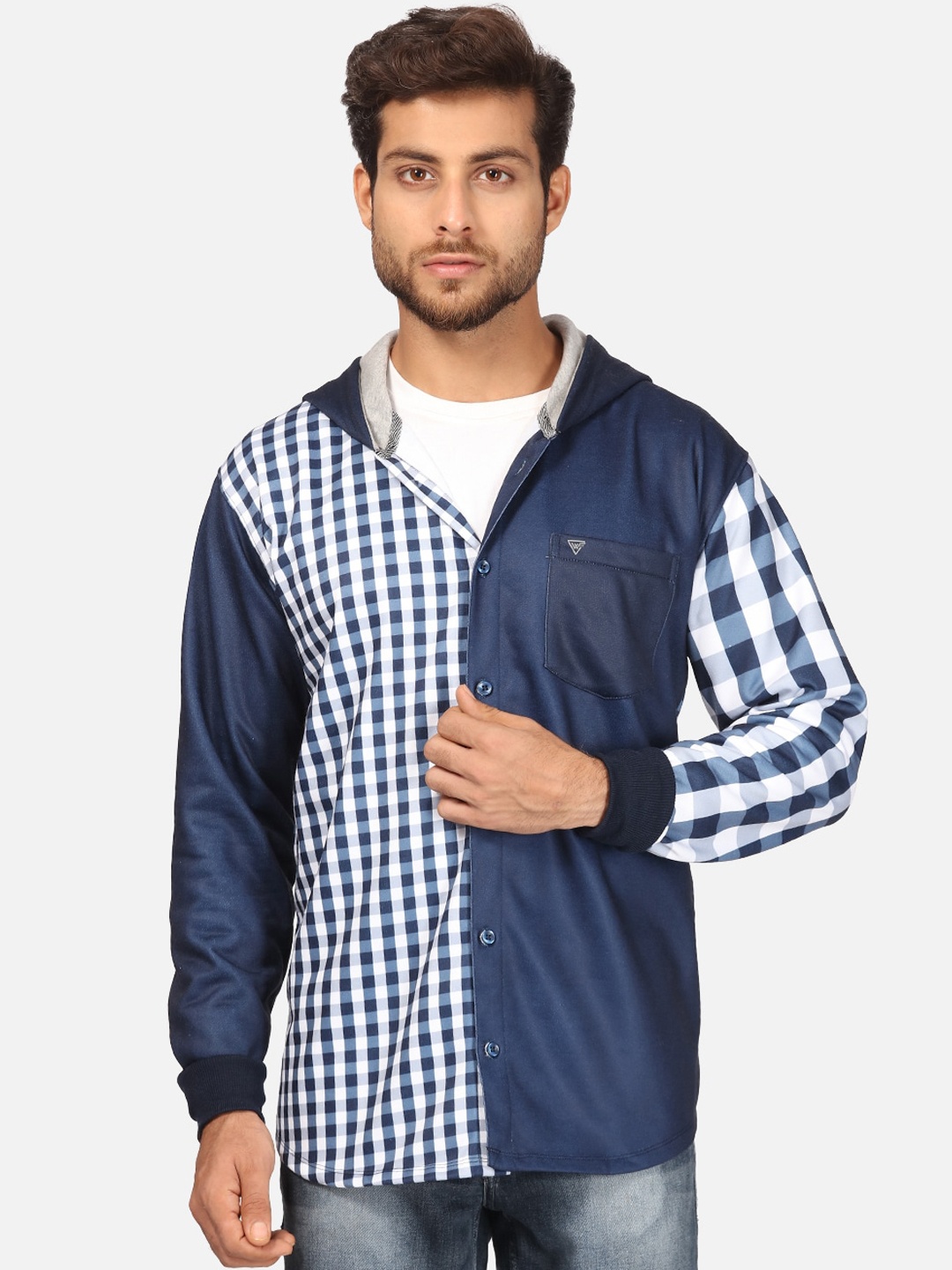 

BULLMER Men Navy Blue Checked Fleece Hooded Sweatshirt