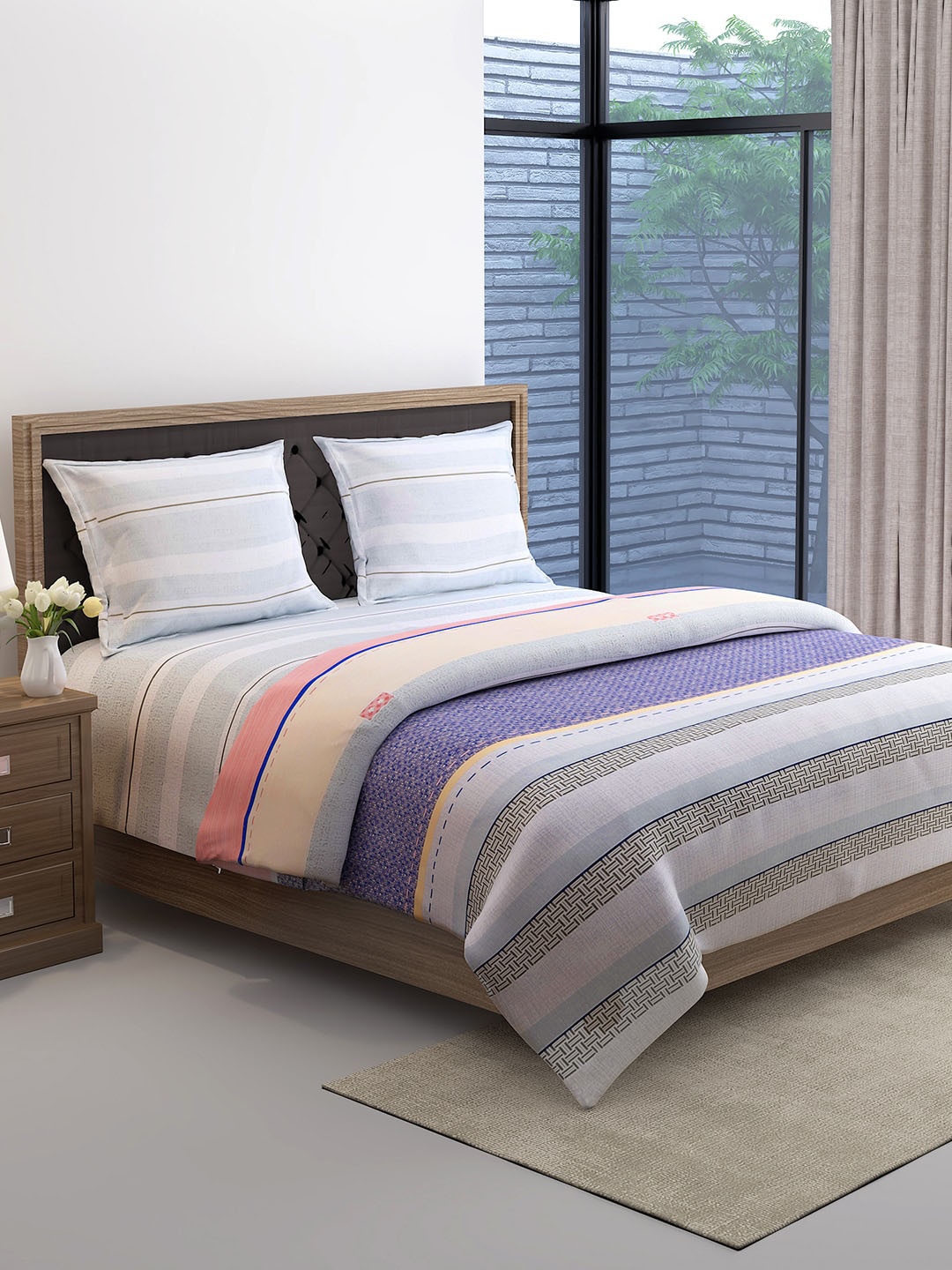 

SWAYAM Pink & Blue Striped Cotton Bedding Set With Comforter