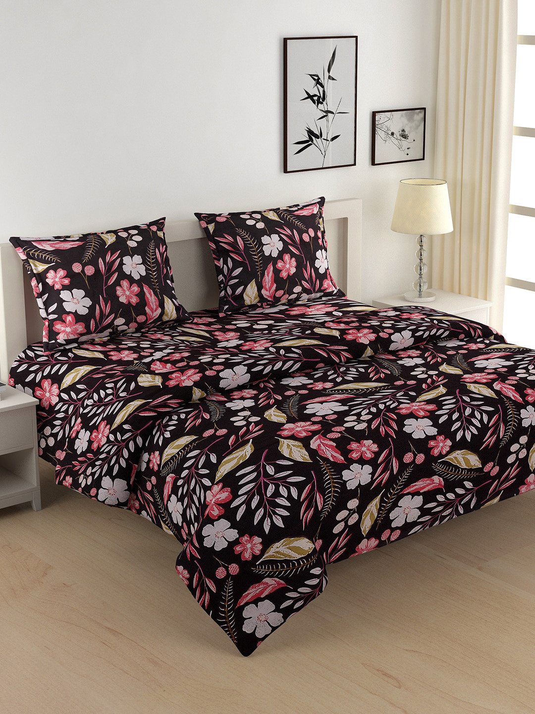 

SWAYAM Black & Peach Floral Printed Cotton Bedding Set With Comforter