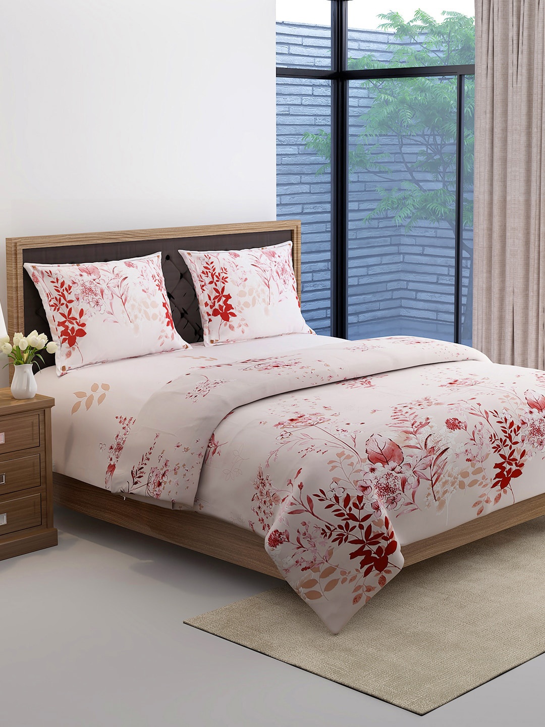 

SWAYAM Pink & Red Floral Printed Cotton Bedding Set With Comforter