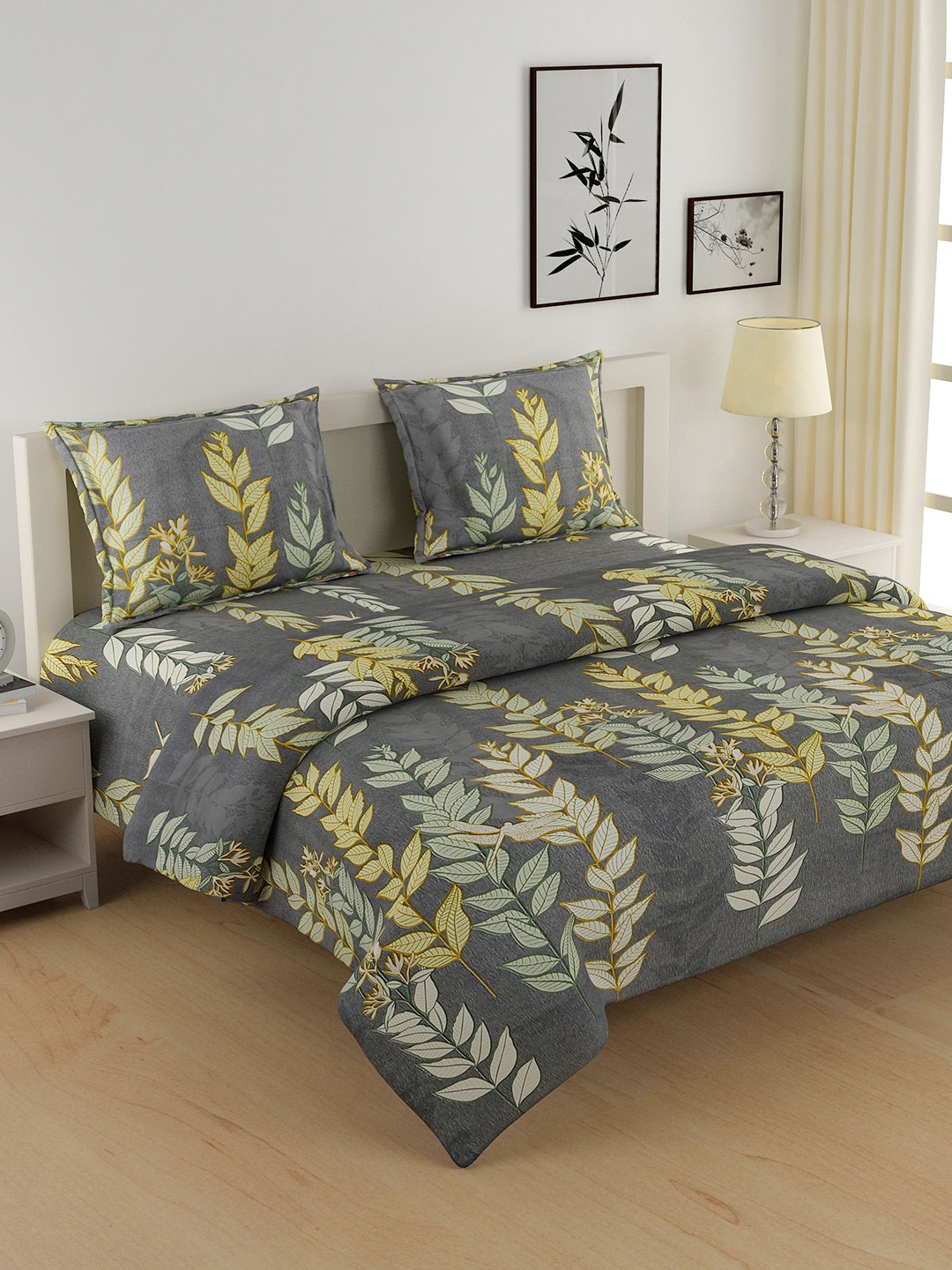 

SWAYAM Grey & Yellow Floral Printed Cotton Bedding Set