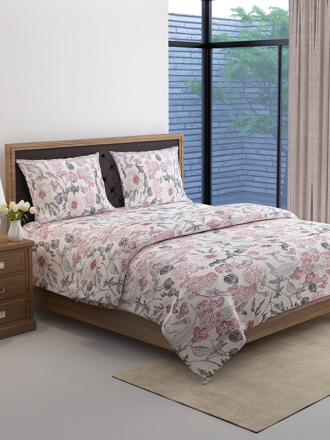 

SWAYAM Pink & Grey Floral Printed Cotton Bedding Set