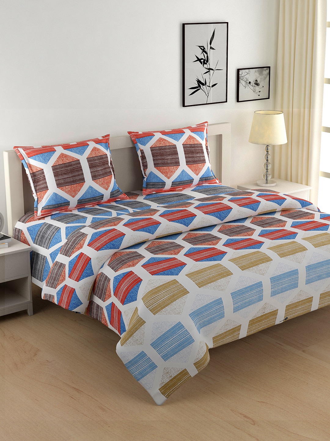 

SWAYAM Red & Blue Geometric Printed Cotton Bedding Set With Comforter